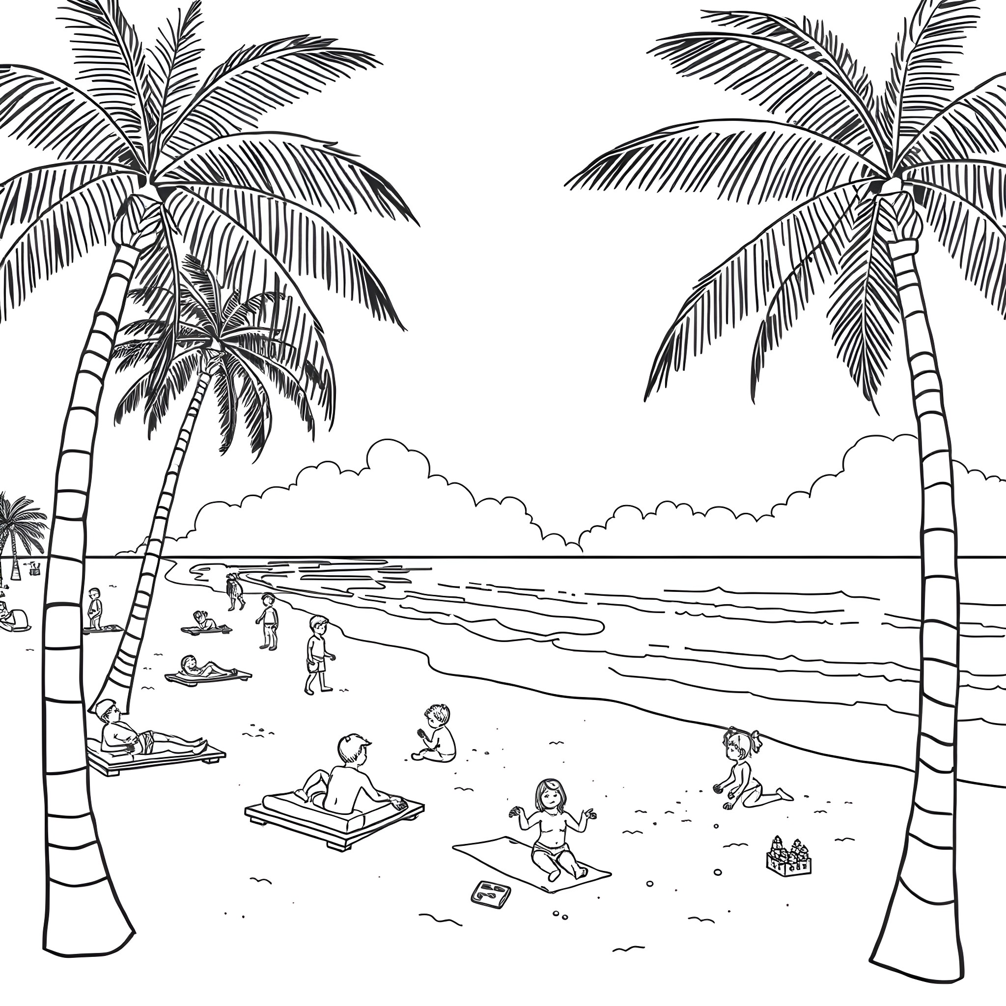 Babe's Fun Day at the Beach Under the Palms Coloring Page (free black-and-white line drawing printable PDF for all, from beginners to advanced learners, including children, teens, adults, and seniors)