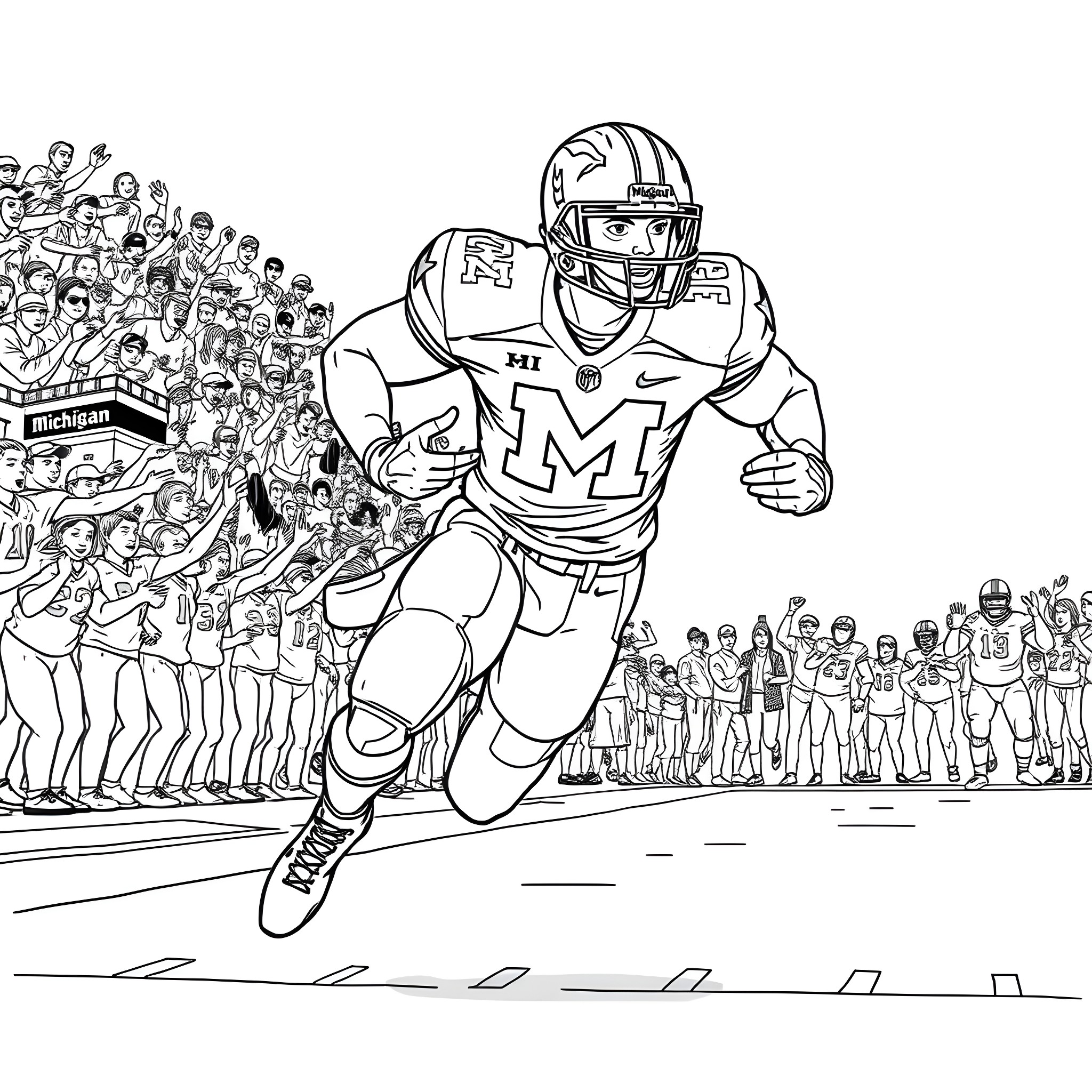 Football Player Running Through Cheering Crowd Coloring Page (free black-and-white line drawing printable PDF for all, from beginners to advanced learners, including children, teens, adults, and seniors)