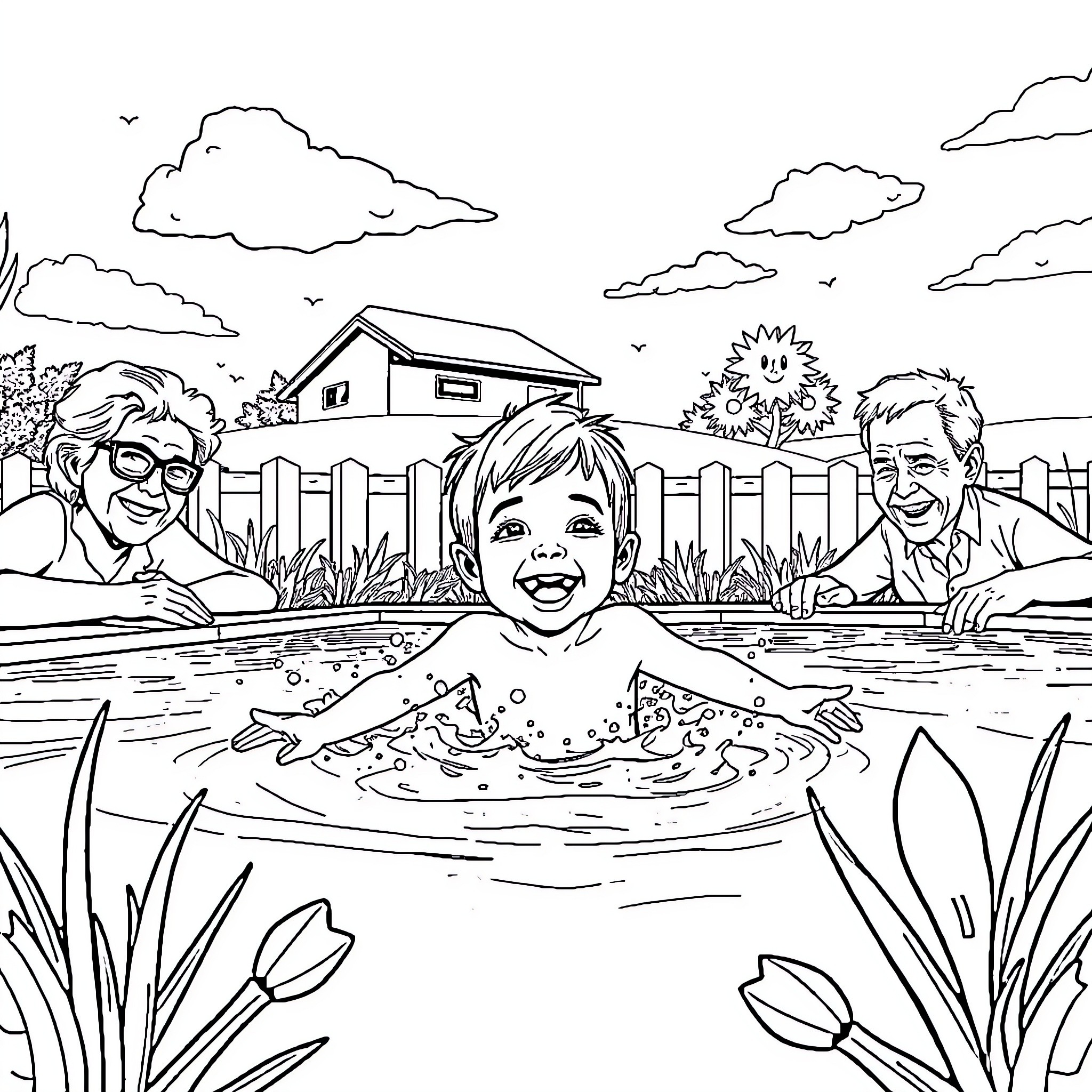 Kid splashing joyfully in backyard pool Coloring Page (free black-and-white line drawing printable PDF for all, from beginners to advanced learners, including children, teens, adults, and seniors)