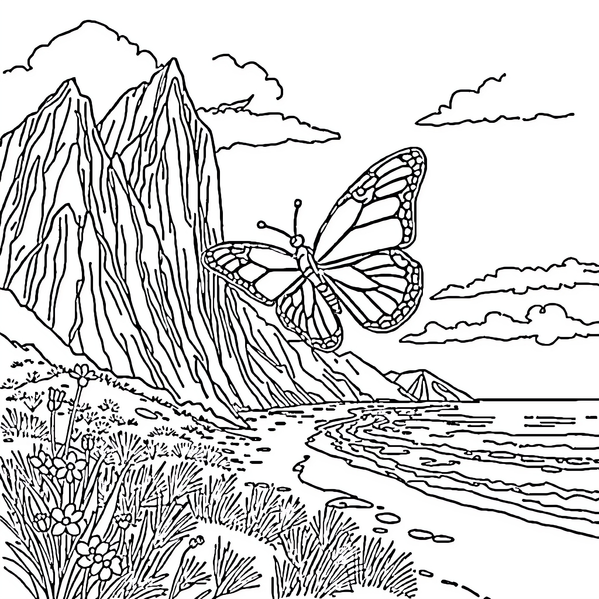 Butterfly resting on a scenic mountain landscape Coloring Page (free black-and-white line drawing printable PDF for all, from beginners to advanced learners, including children, teens, adults, and seniors)