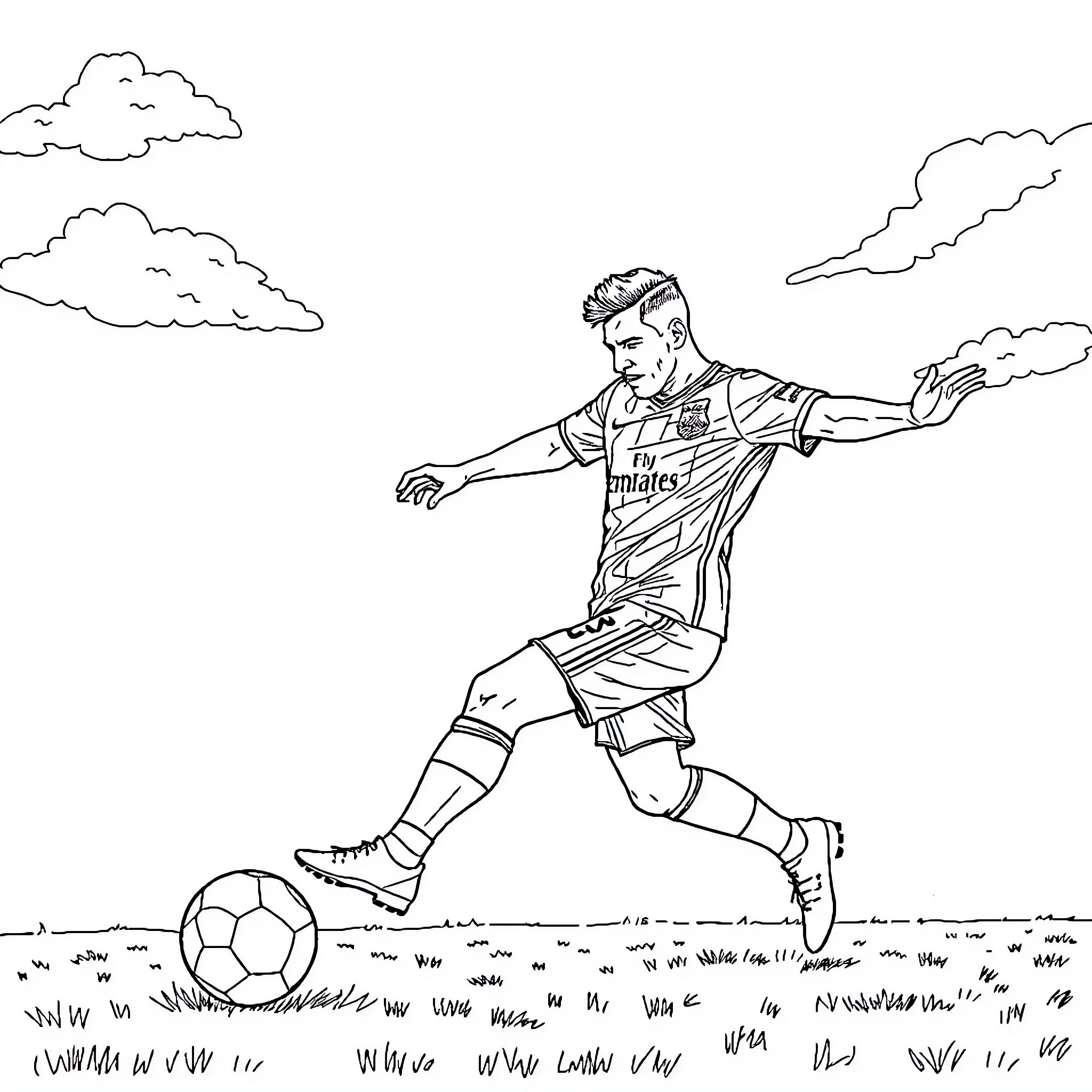 Messi dribbling with ball on soccer field Coloring Page (free black-and-white line drawing printable PDF for all, from beginners to advanced learners, including children, teens, adults, and seniors)