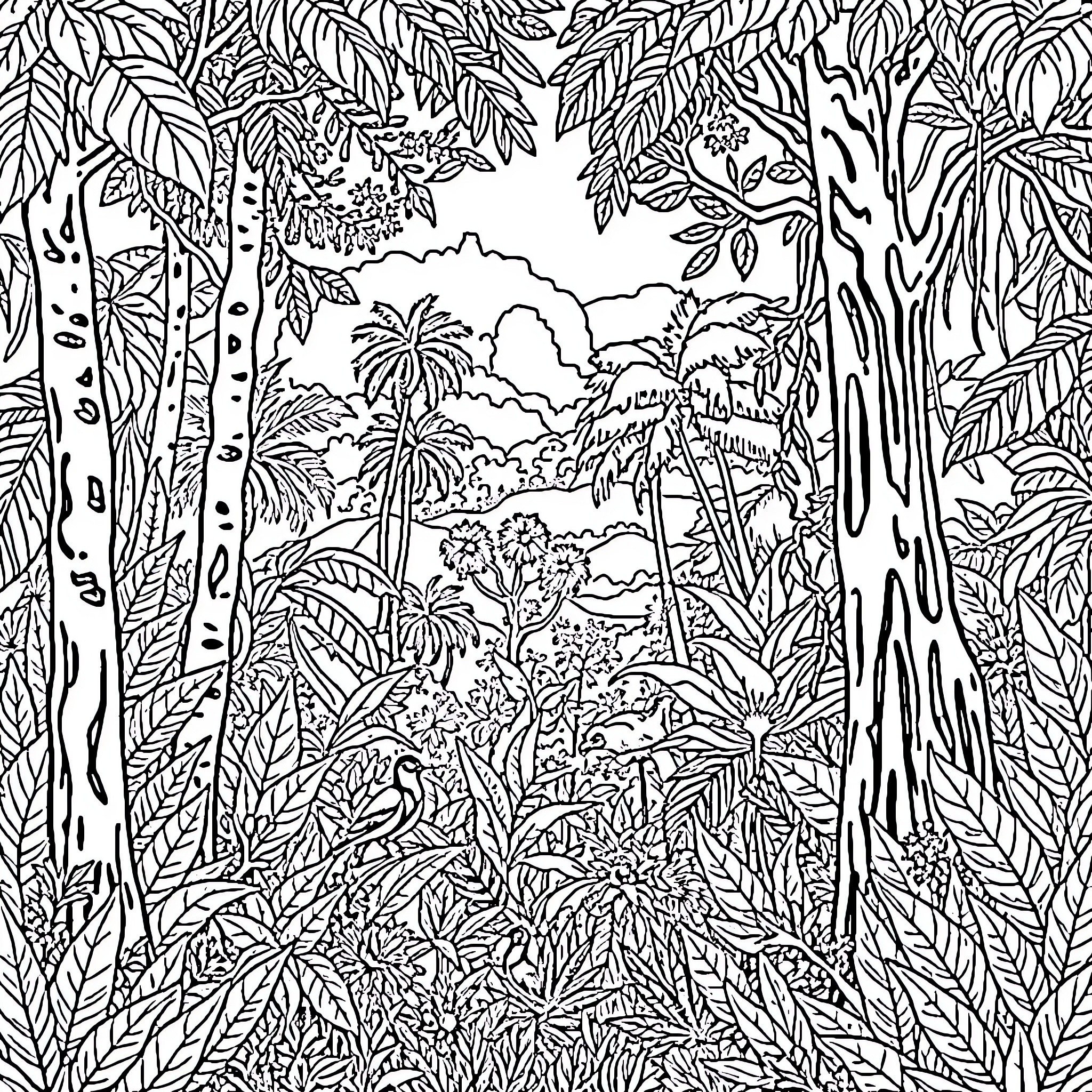 Jungle Landscape with Trees and Foliage Coloring Page (free black-and-white line drawing printable PDF for all, from beginners to advanced learners, including children, teens, adults, and seniors)