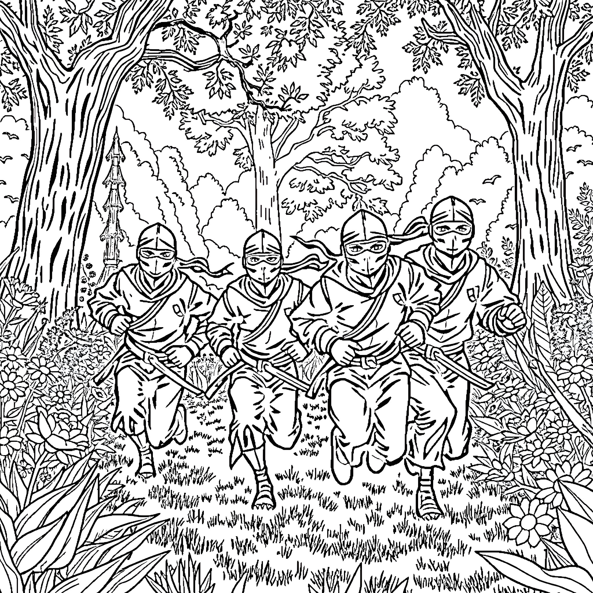 Ninja warriors in forest adventure Coloring Page (free black-and-white line drawing printable PDF for all, from beginners to advanced learners, including children, teens, adults, and seniors)