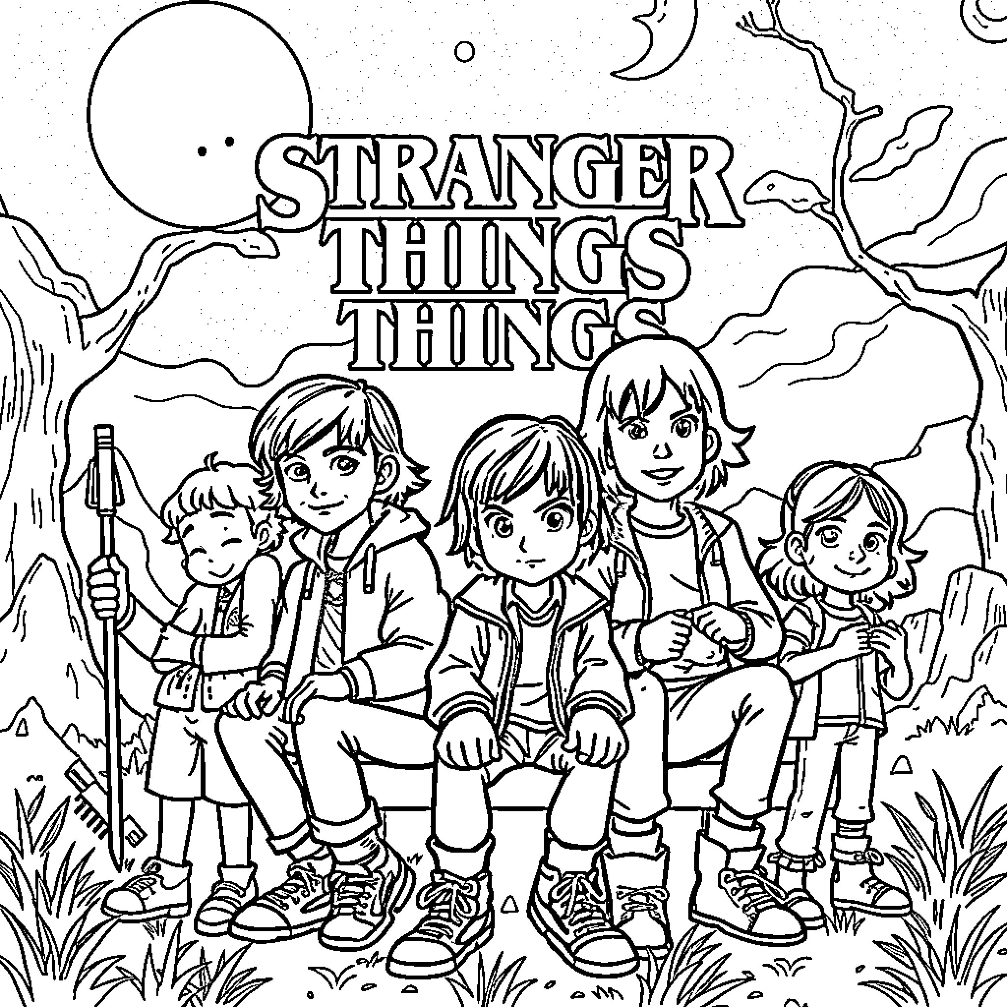 Stranger Things Gathering of Friends in the Outdoors Coloring Page (free black-and-white line drawing printable PDF for all, from beginners to advanced learners, including children, teens, adults, and seniors)