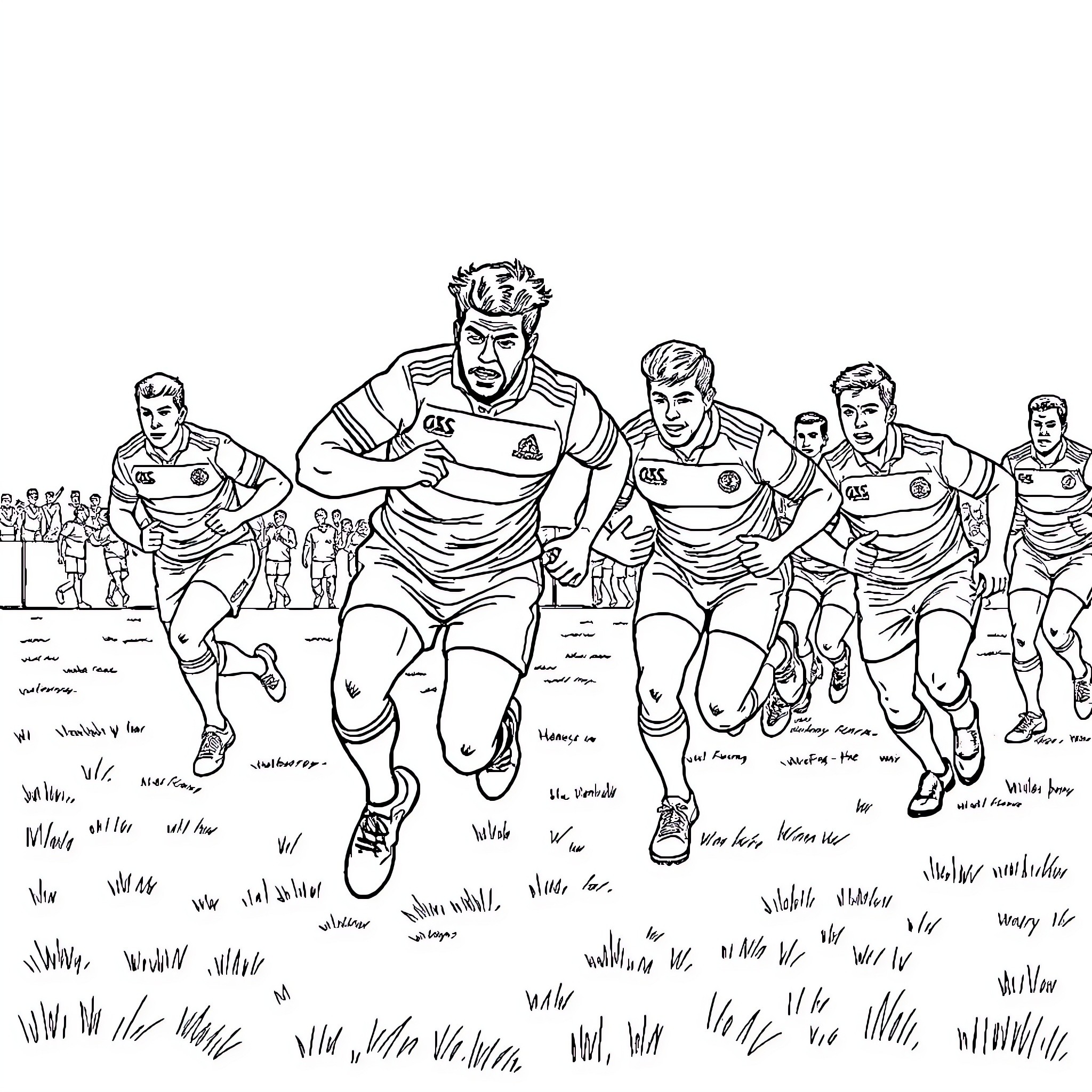 Rugby Players Engaging in Intense Match on Field Coloring Page (free black-and-white line drawing printable PDF for all, from beginners to advanced learners, including children, teens, adults, and seniors)