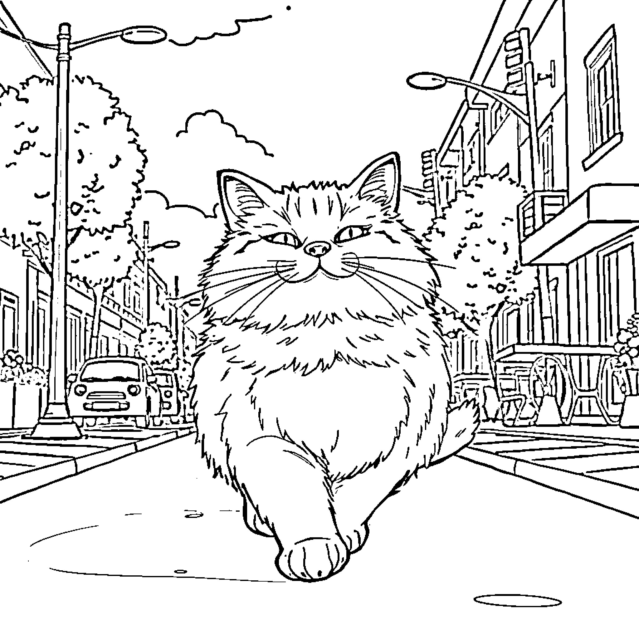 Cat enjoying the city street scene Coloring Page (free black-and-white line drawing printable PDF for all, from beginners to advanced learners, including children, teens, adults, and seniors)