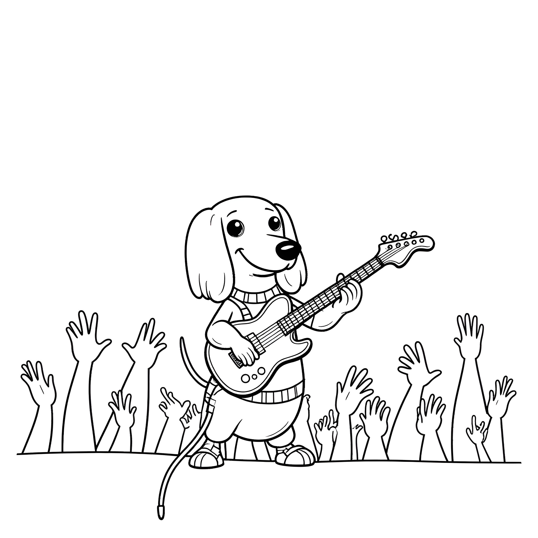 Dachshund playing guitar on stage with crowd Coloring Page (free black-and-white line drawing printable PDF for all, from beginners to advanced learners, including children, teens, adults, and seniors)
