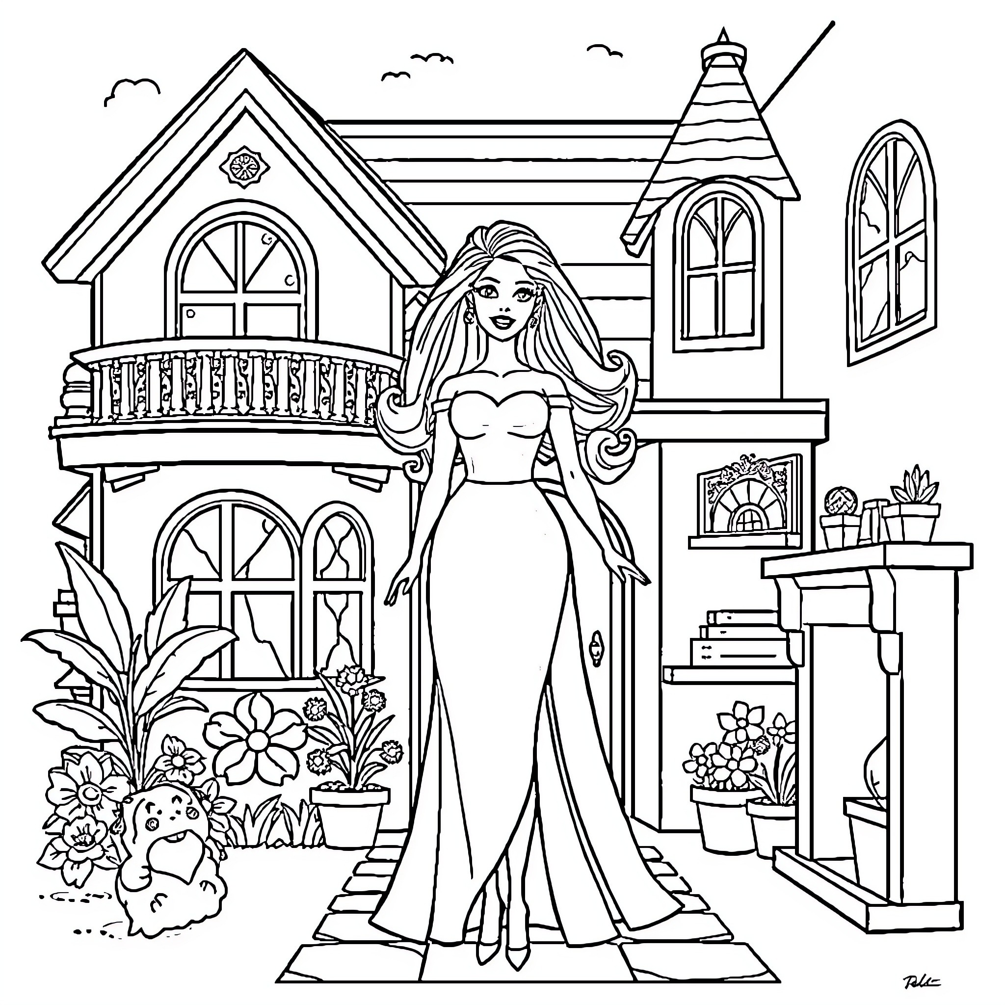 Barbie's Dream Home with Elegant Accessories Coloring Page (free black-and-white line drawing printable PDF for all, from beginners to advanced learners, including children, teens, adults, and seniors)
