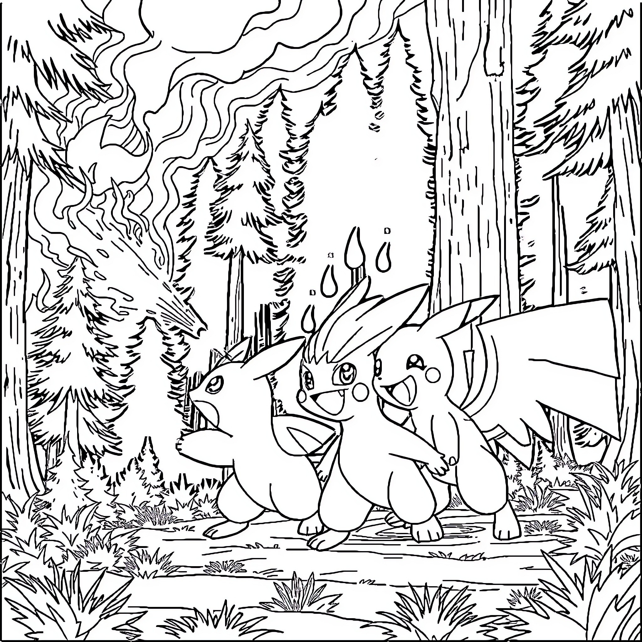 Pokémon characters exploring the forest landscape Coloring Page (free black-and-white line drawing printable PDF for all, from beginners to advanced learners, including children, teens, adults, and seniors)
