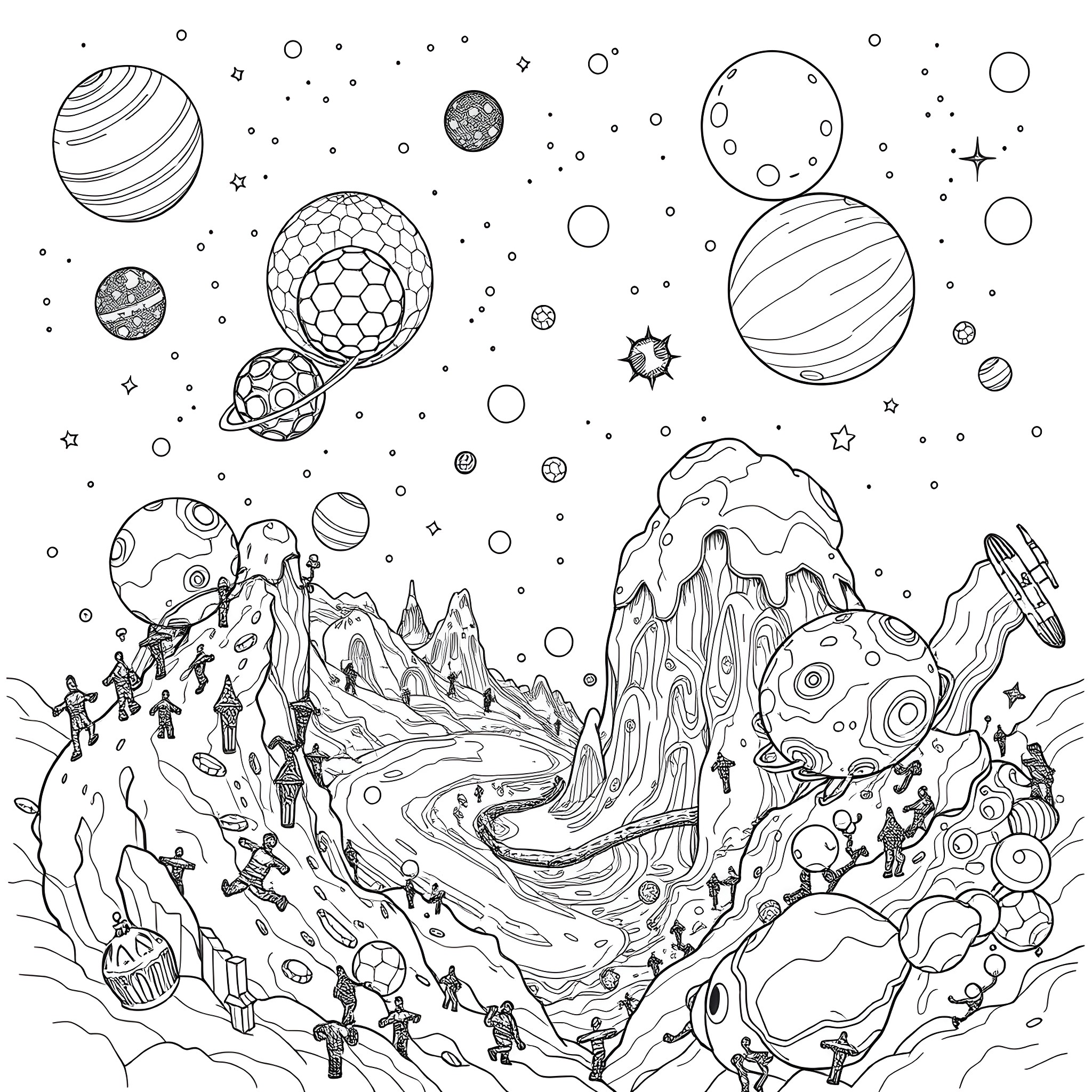 Space explorer's fantastical journey through cosmic wonders Coloring Page (free black-and-white line drawing printable PDF for all, from beginners to advanced learners, including children, teens, adults, and seniors)