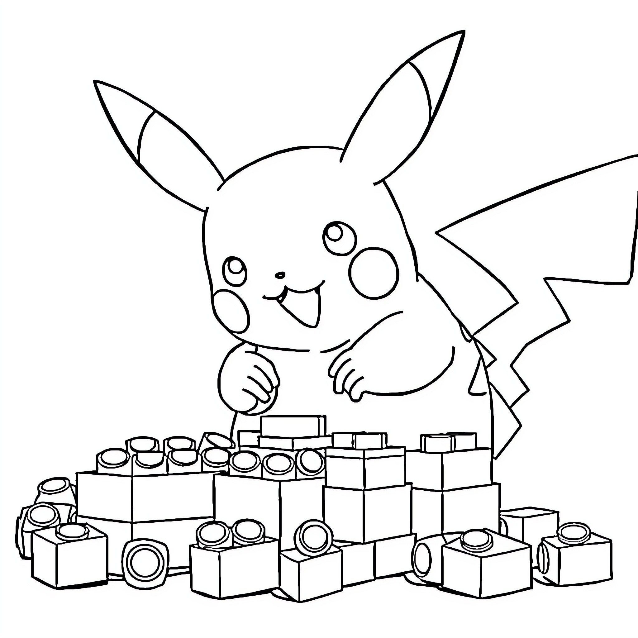 Pikachu playing with toy building blocks Coloring Page (free black-and-white line drawing printable PDF for all, from beginners to advanced learners, including children, teens, adults, and seniors)