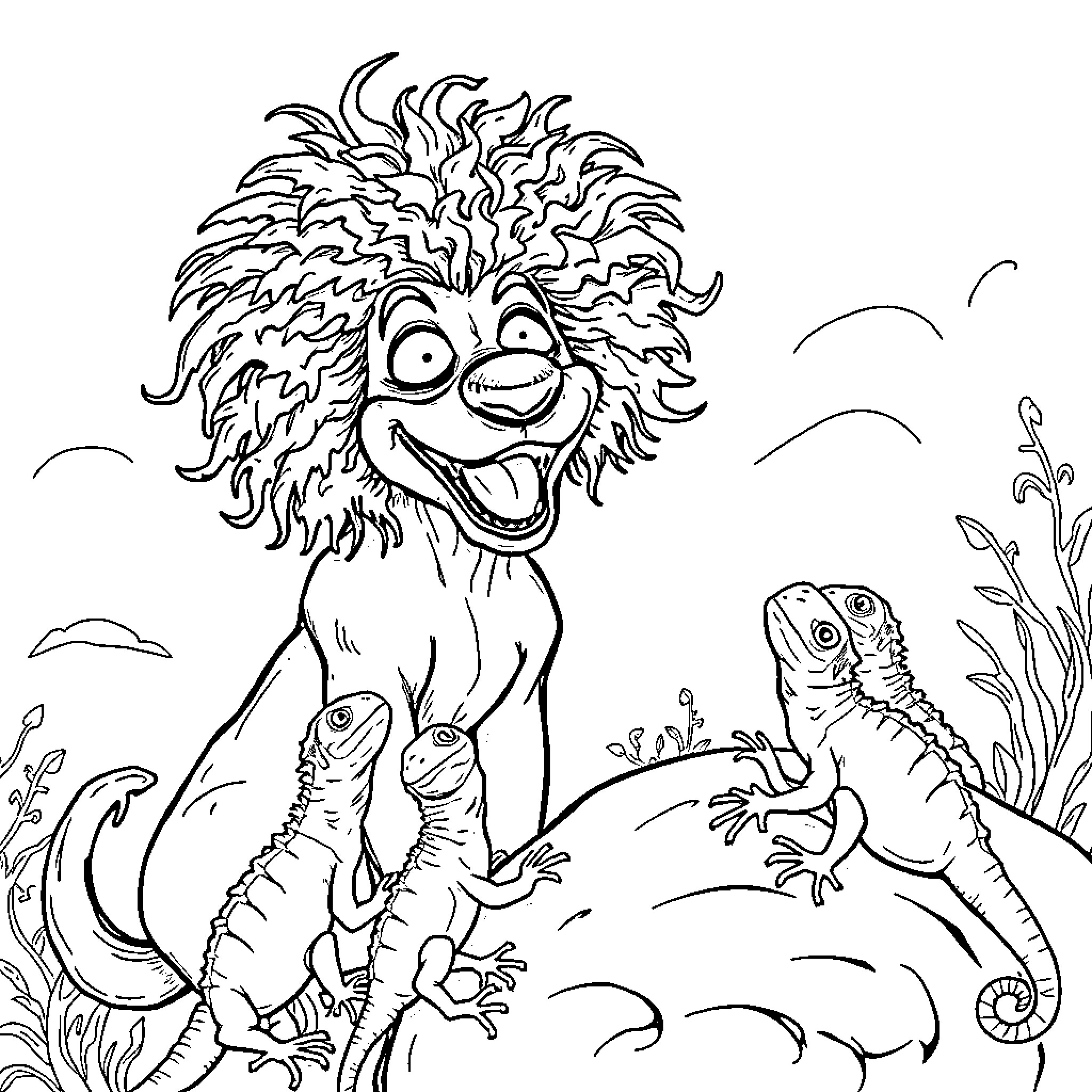 Clown Dog frolicking with whimsical lizards in a playful landscape Coloring Page (free black-and-white line drawing printable PDF for all, from beginners to advanced learners, including children, teens, adults, and seniors)
