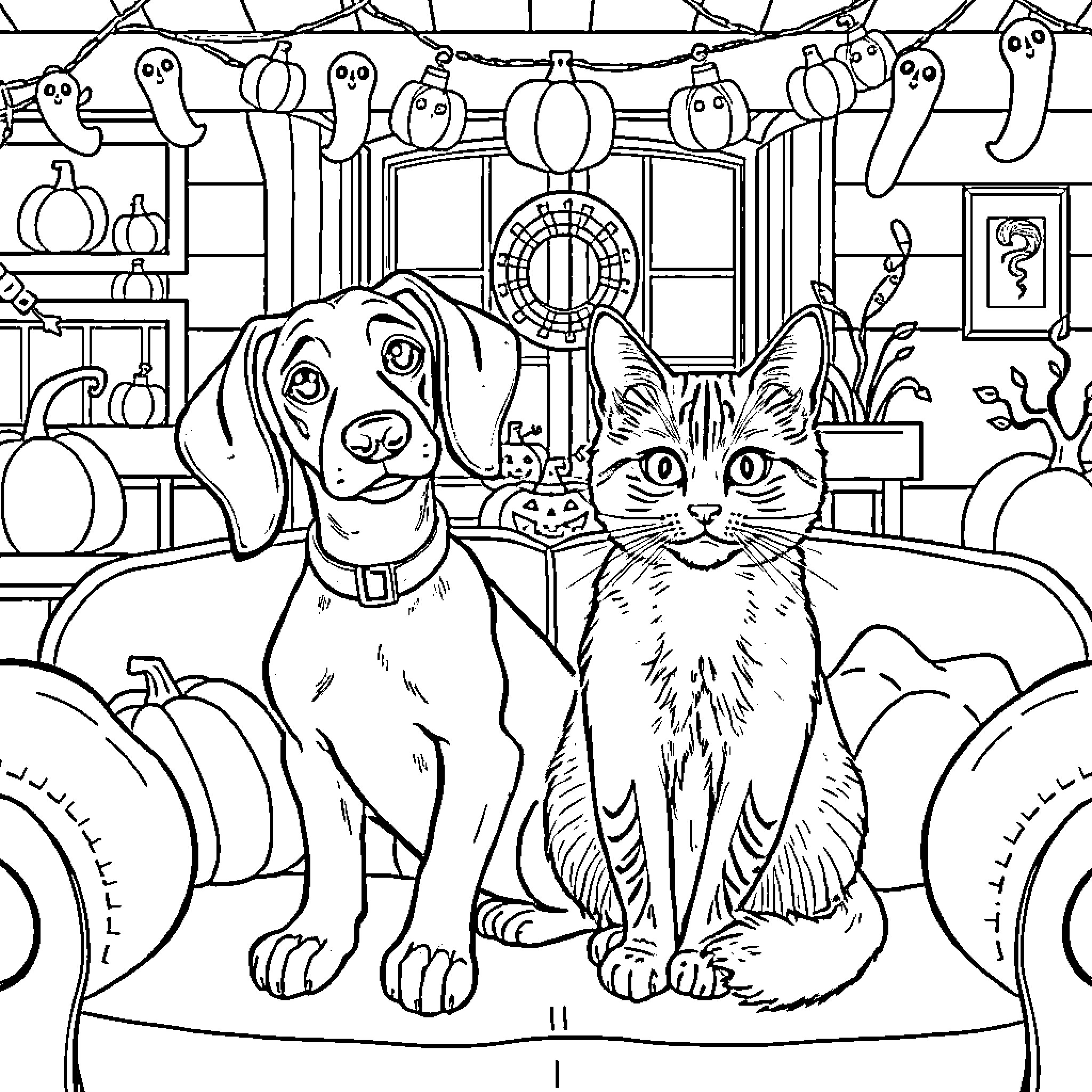 Dog and Cat Enjoying Halloween Decorations Coloring Page (free black-and-white line drawing printable PDF for all, from beginners to advanced learners, including children, teens, adults, and seniors)