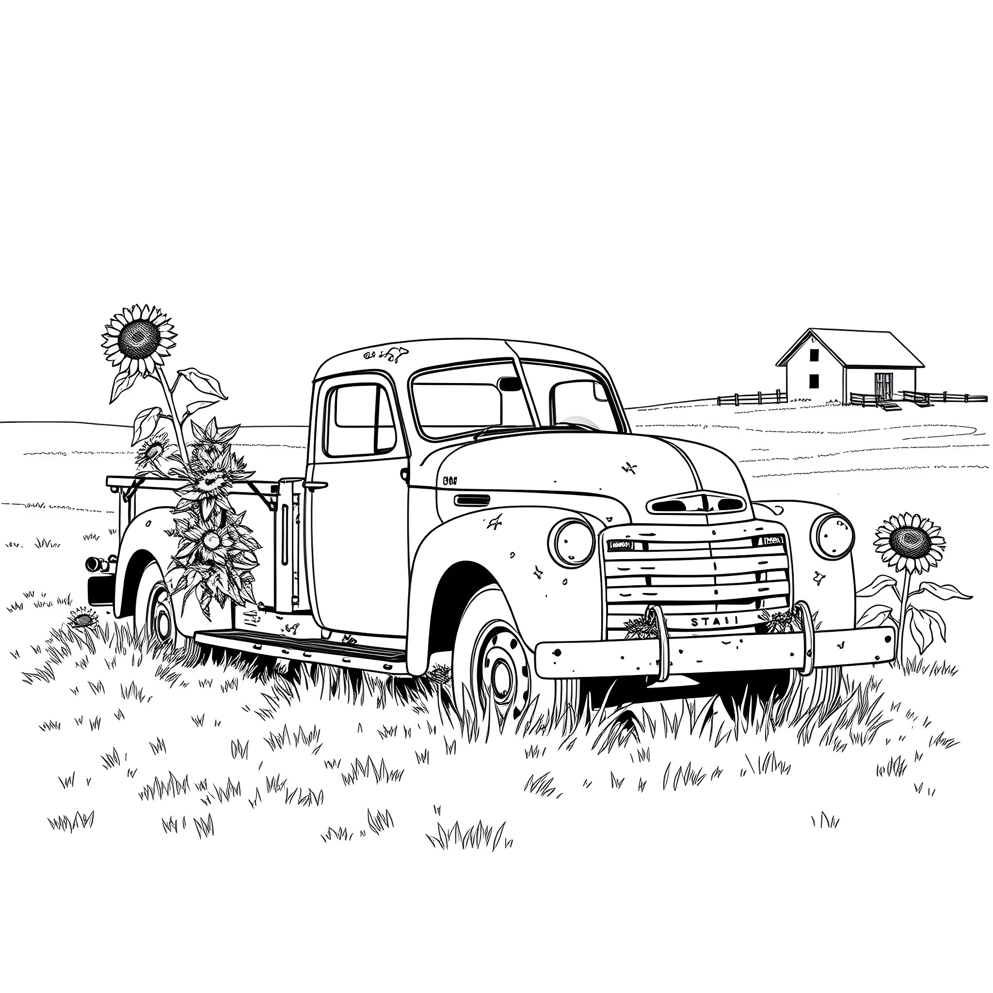 Truck carrying sunflowers in rural countryside Coloring Page (free black-and-white line drawing printable PDF for all, from beginners to advanced learners, including children, teens, adults, and seniors)