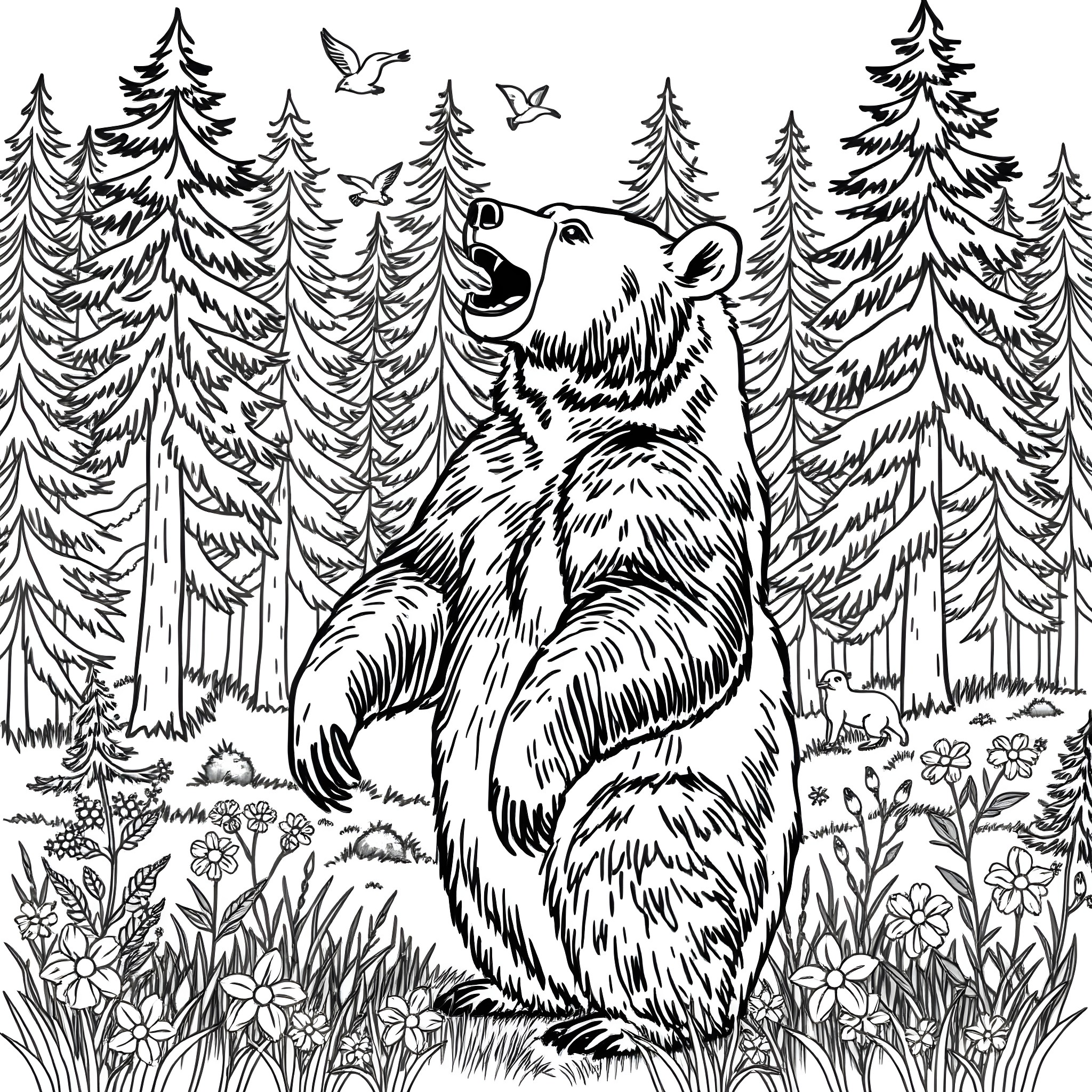 Kodiak Bear roaring in the forest Coloring Page (free black-and-white line drawing printable PDF for all, from beginners to advanced learners, including children, teens, adults, and seniors)