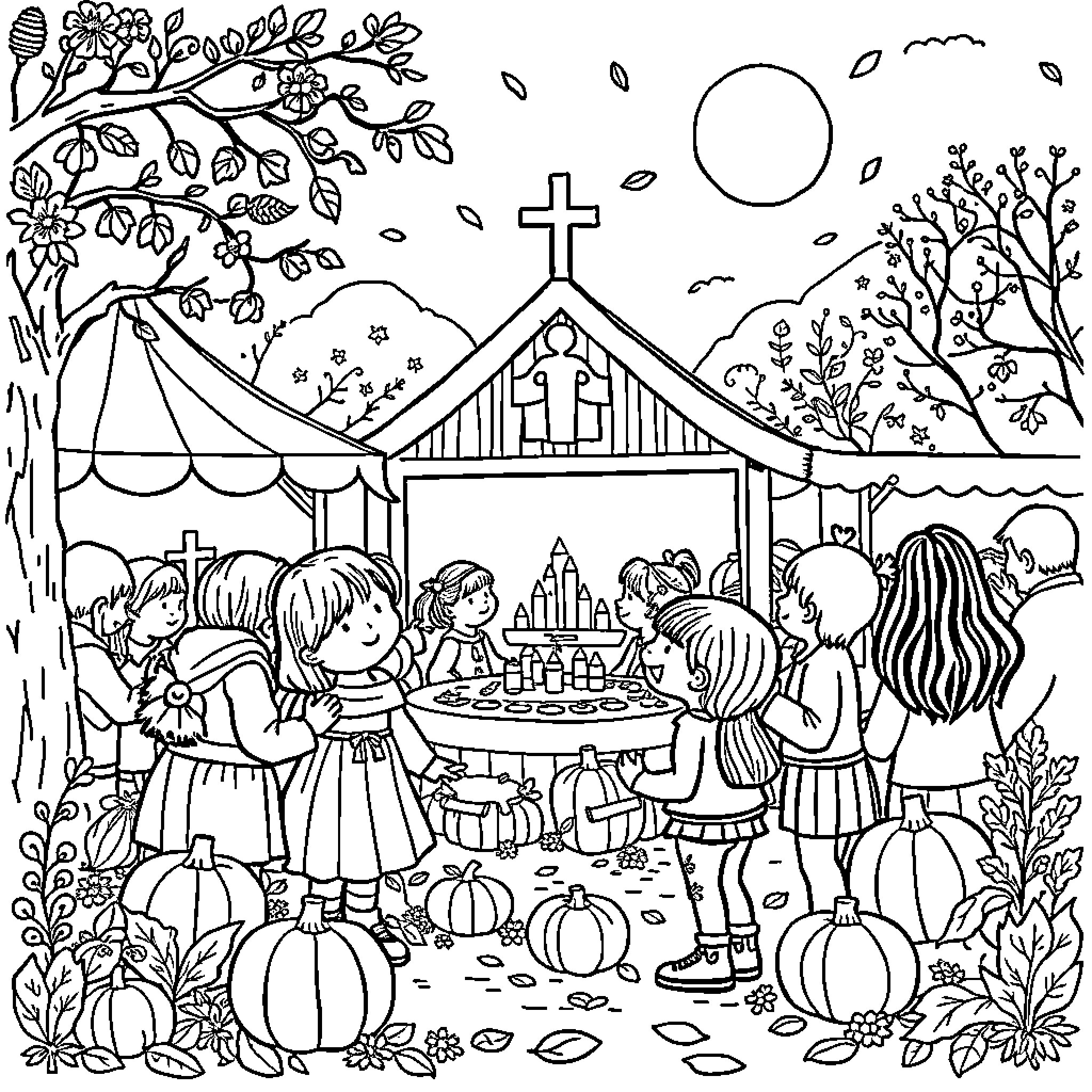 Faith in Autumn's Harvest Celebration Coloring Page (free black-and-white line drawing printable PDF for all, from beginners to advanced learners, including children, teens, adults, and seniors)