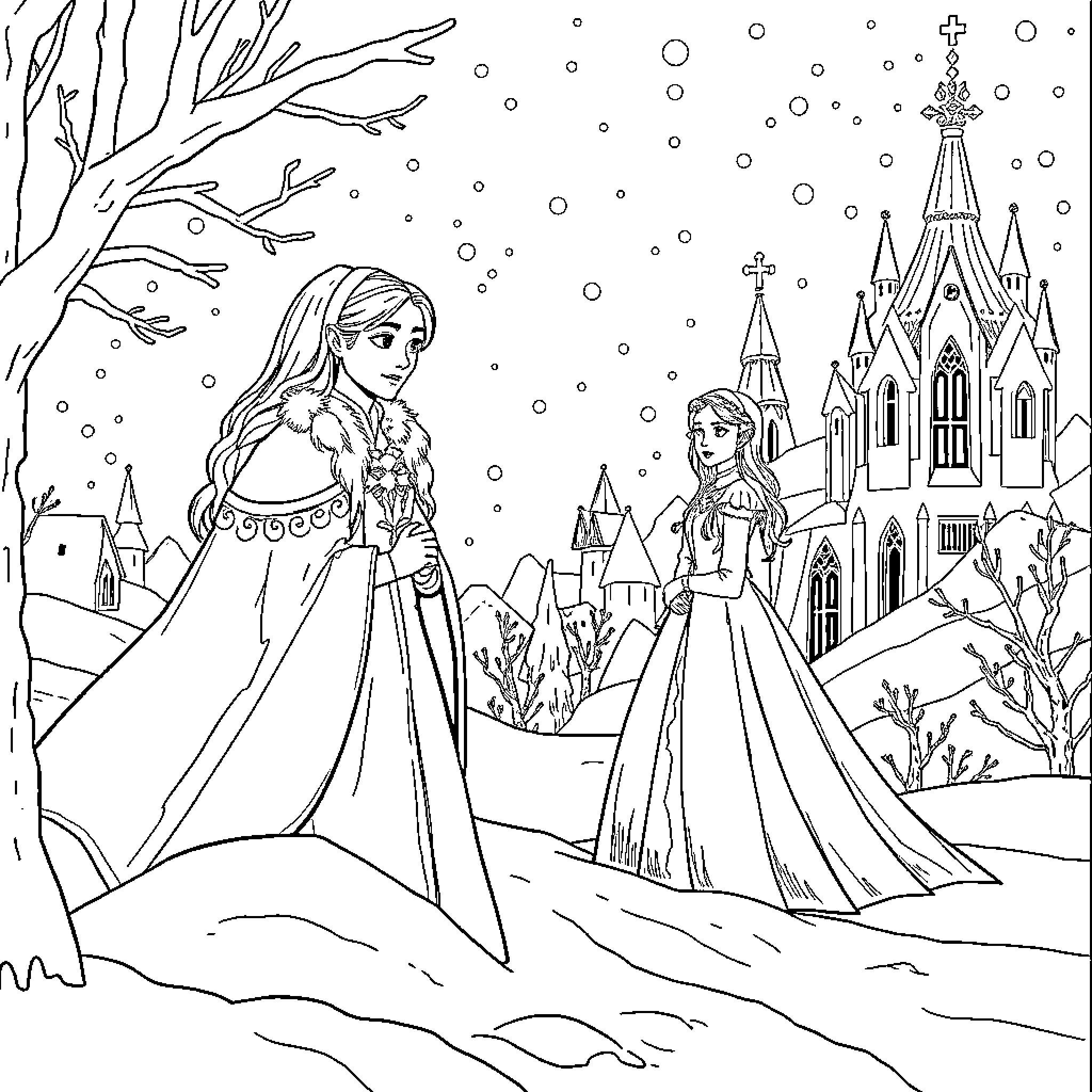 Snow Queen standing in a wintry castle landscape Coloring Page (free black-and-white line drawing printable PDF for all, from beginners to advanced learners, including children, teens, adults, and seniors)