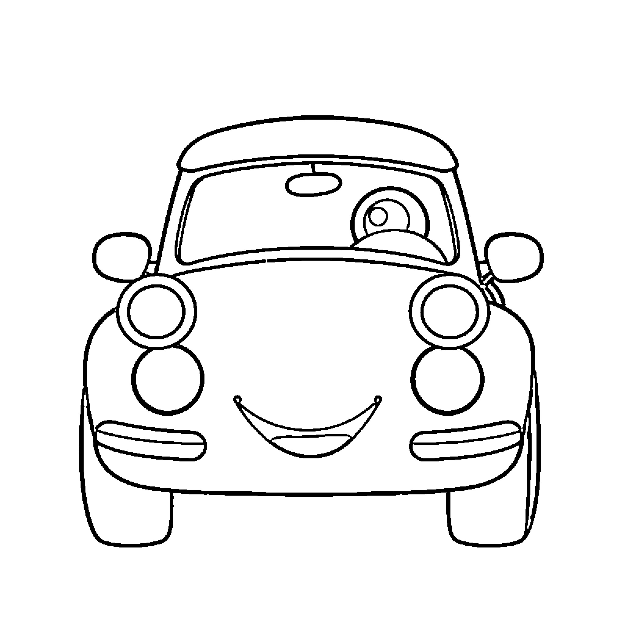 Car with smiling expression and friendly appearance Coloring Page (free black-and-white line drawing printable PDF for all, from beginners to advanced learners, including children, teens, adults, and seniors)