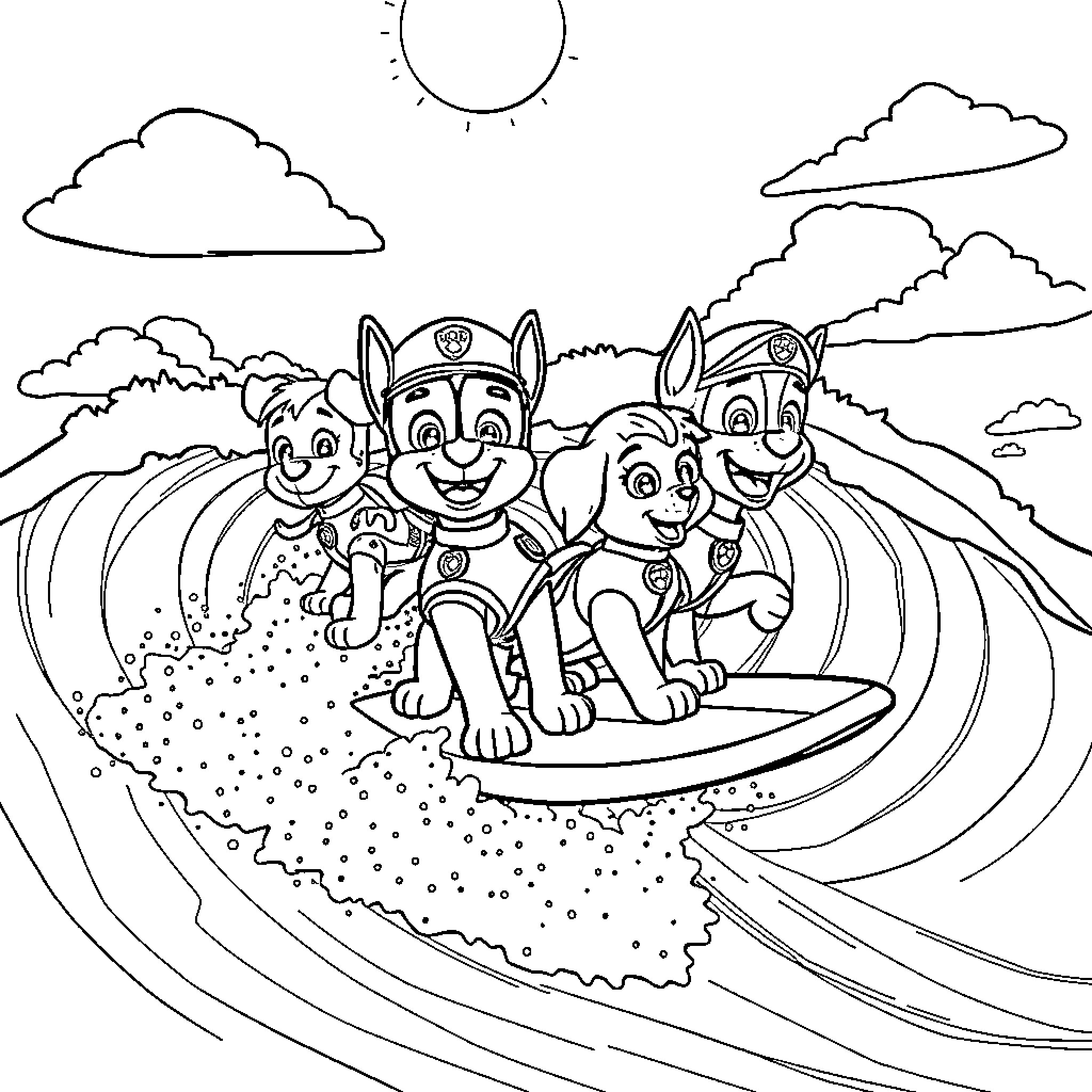 Paw Patrol puppies enjoying outdoor adventure Coloring Page (free black-and-white line drawing printable PDF for all, from beginners to advanced learners, including children, teens, adults, and seniors)