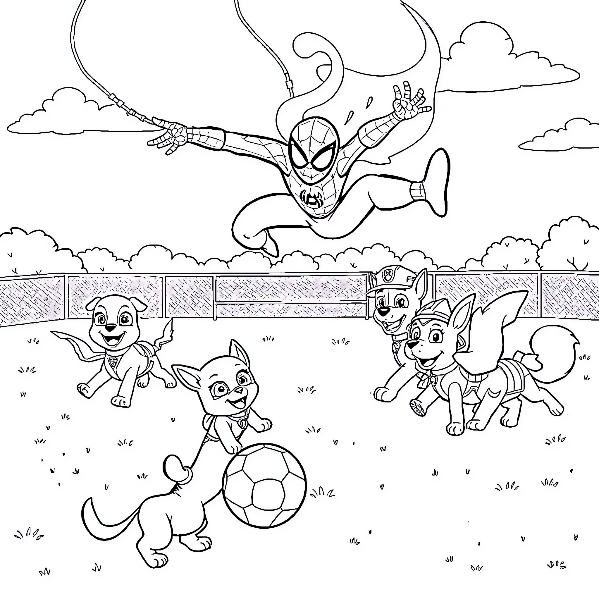 Spider-themed hero leaping above playful puppies Coloring Page (free black-and-white line drawing printable PDF for all, from beginners to advanced learners, including children, teens, adults, and seniors)