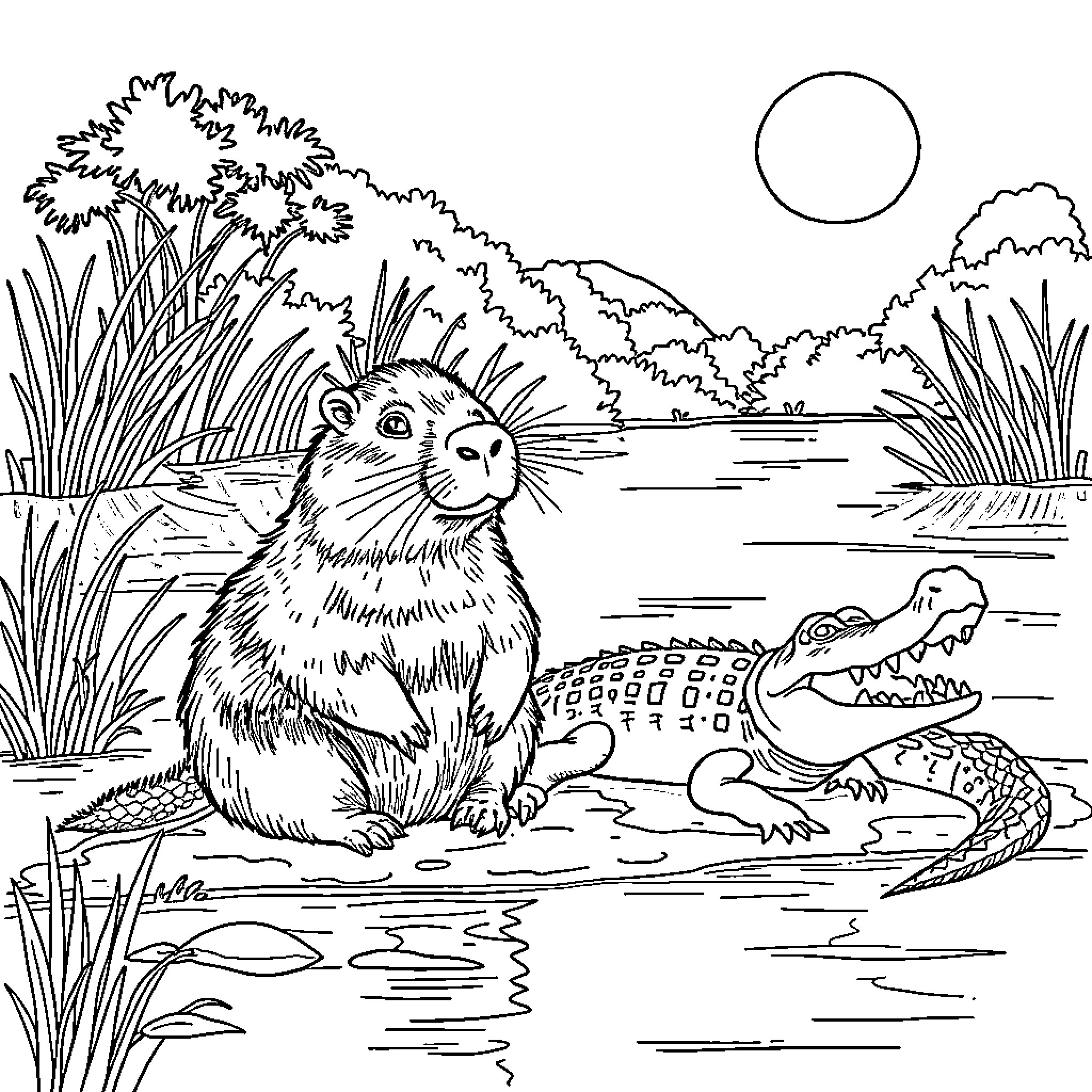Capybara enjoying nature with alligator Coloring Page (free black-and-white line drawing printable PDF for all, from beginners to advanced learners, including children, teens, adults, and seniors)