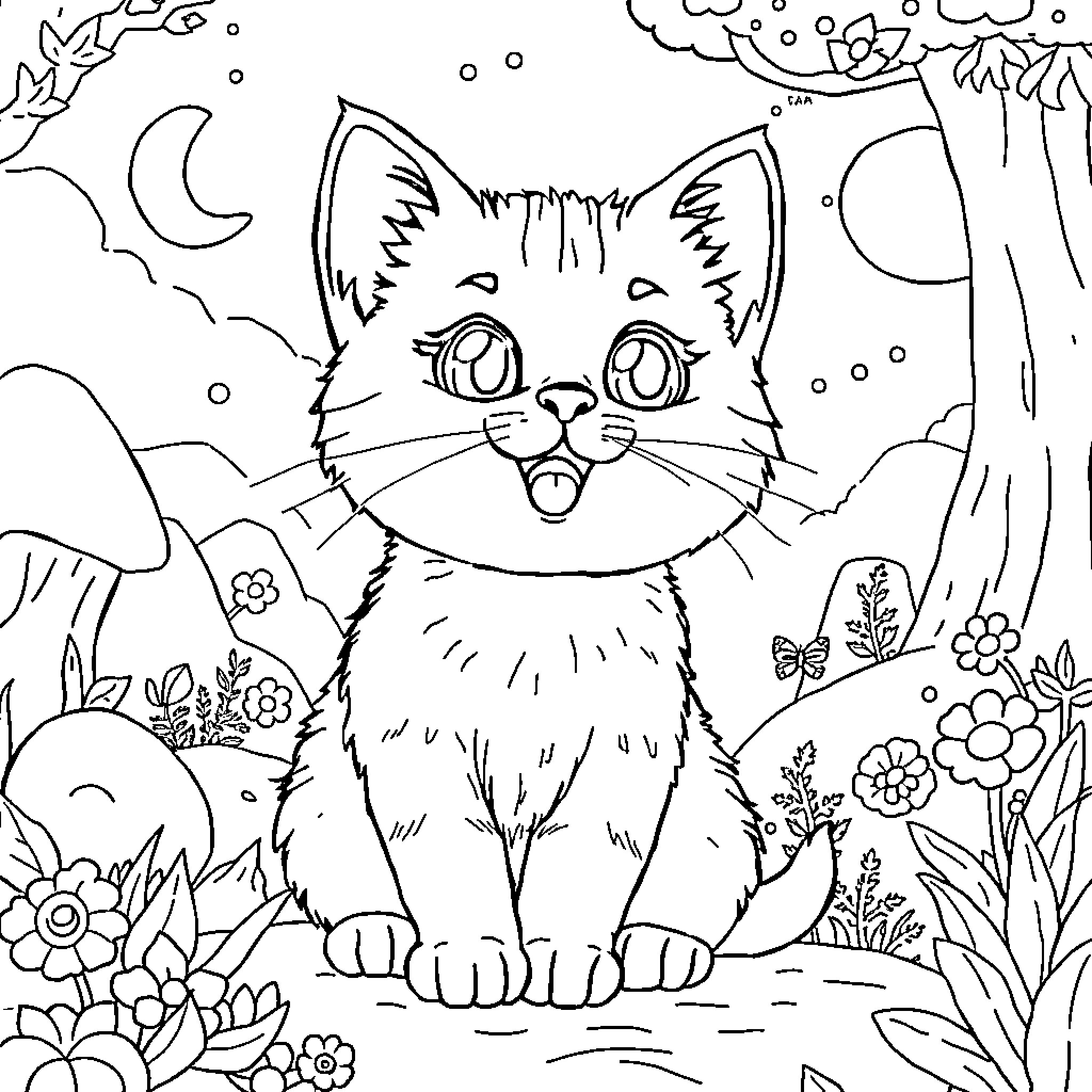 Kicia Kocia exploring the magical forest Coloring Page (free black-and-white line drawing printable PDF for all, from beginners to advanced learners, including children, teens, adults, and seniors)