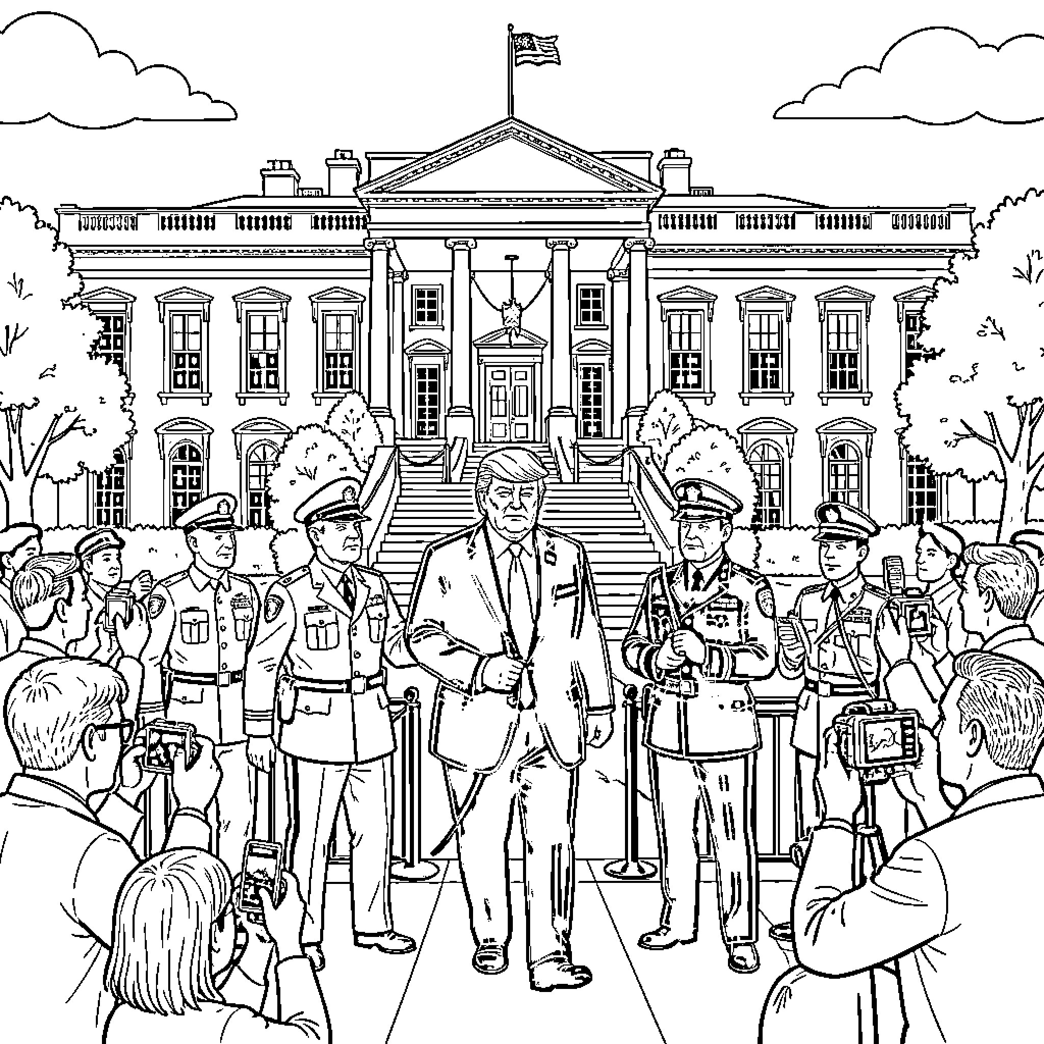 Donald Trump surrounded by military personnel at the White House Coloring Page (free black-and-white line drawing printable PDF for all, from beginners to advanced learners, including children, teens, adults, and seniors)