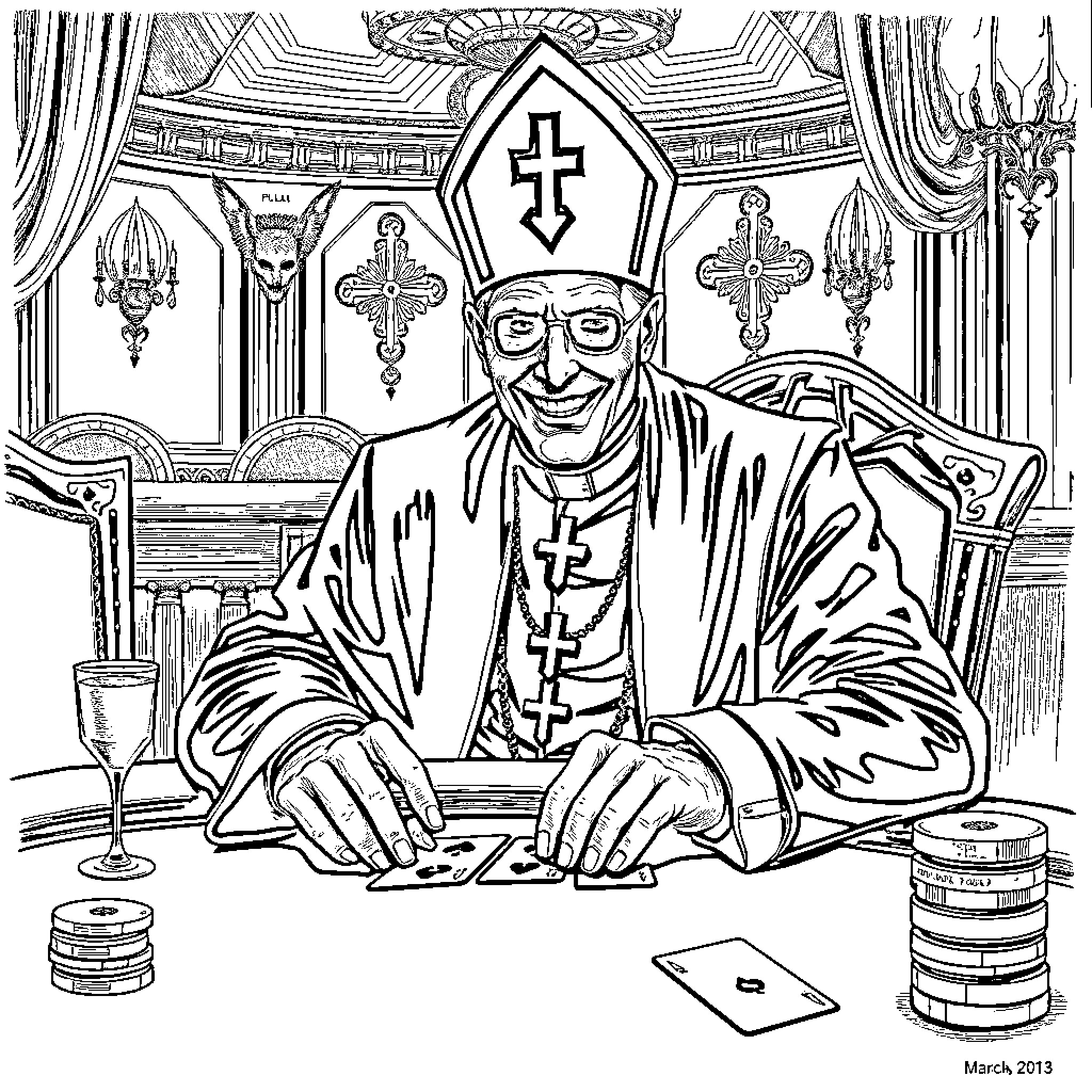 Papa Emeritus I presiding over a ceremonial ritual Coloring Page (free black-and-white line drawing printable PDF for all, from beginners to advanced learners, including children, teens, adults, and seniors)