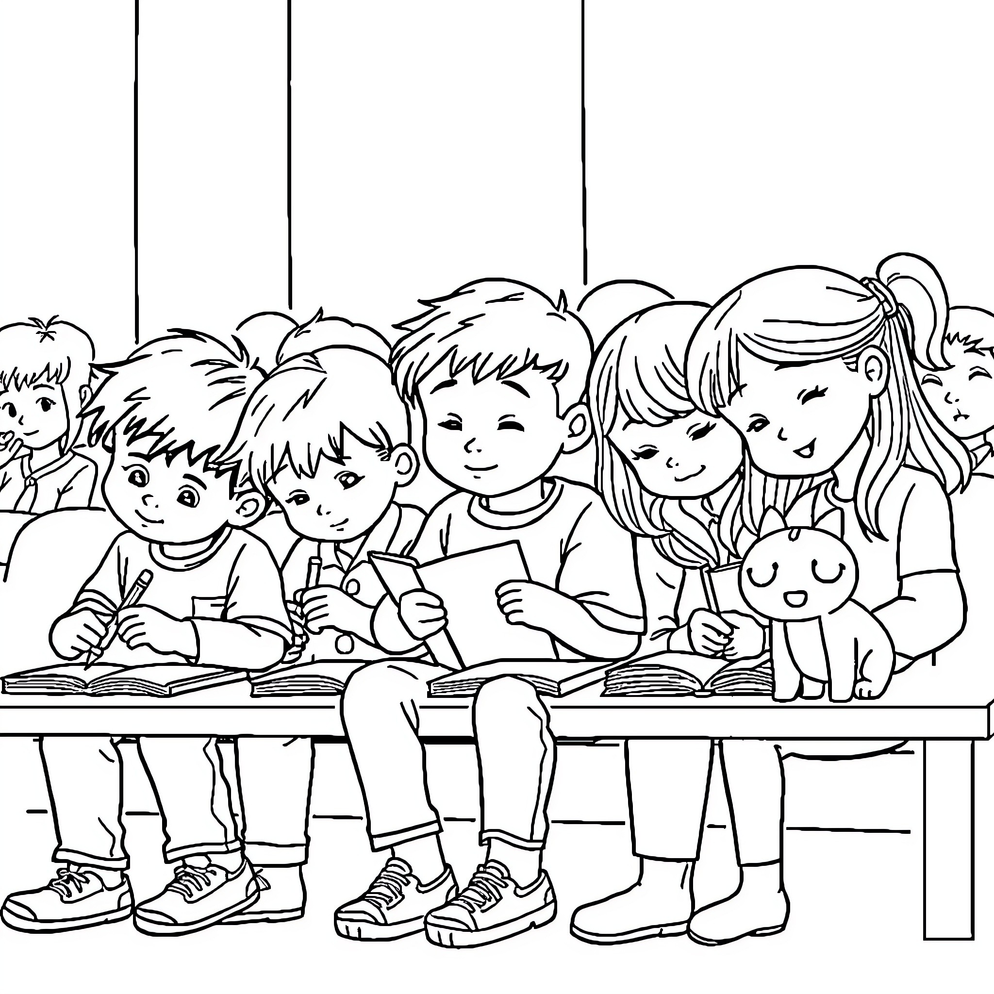Child group sitting at a table and working Coloring Page (free black-and-white line drawing printable PDF for all, from beginners to advanced learners, including children, teens, adults, and seniors)