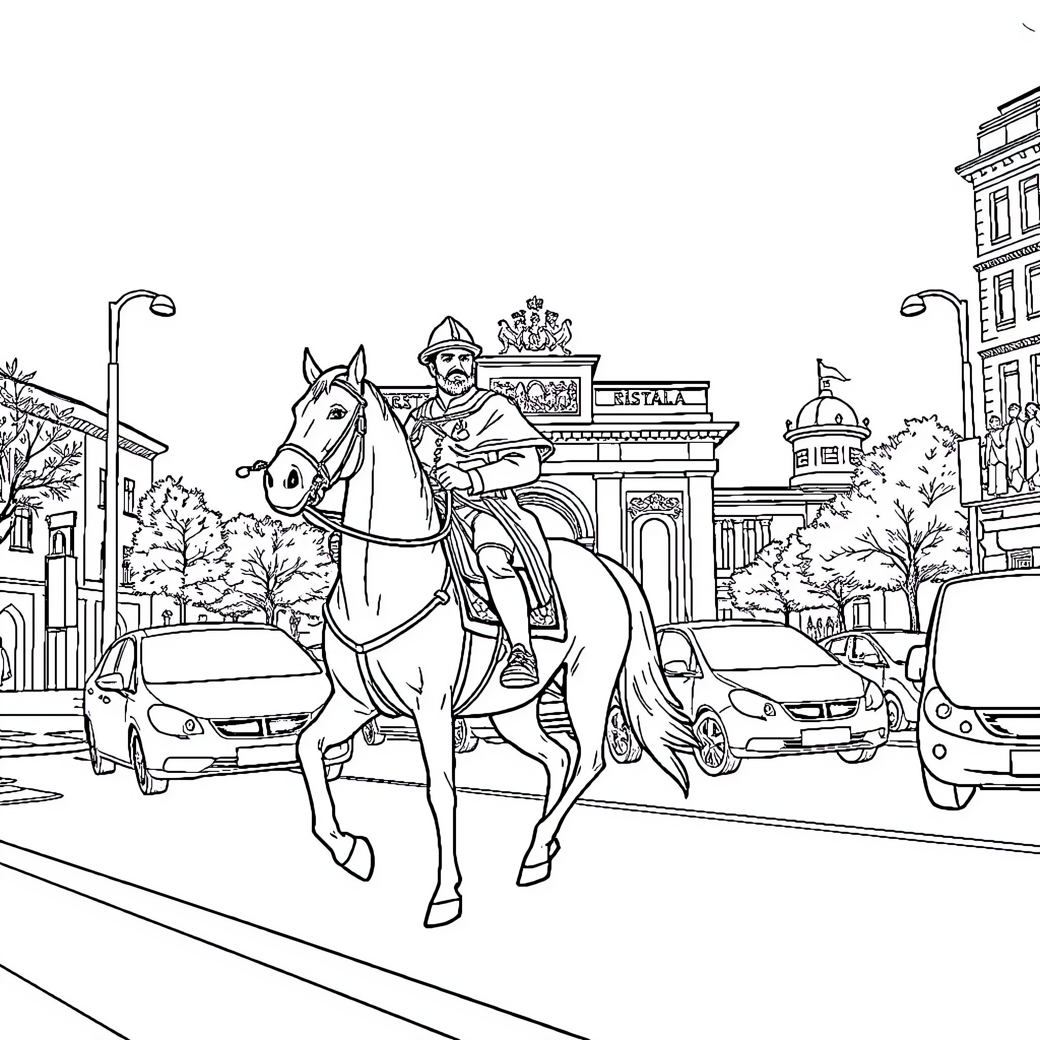 Stefan Cel Mare Riding a Horse in a City Scene Coloring Page (free black-and-white line drawing printable PDF for all, from beginners to advanced learners, including children, teens, adults, and seniors)