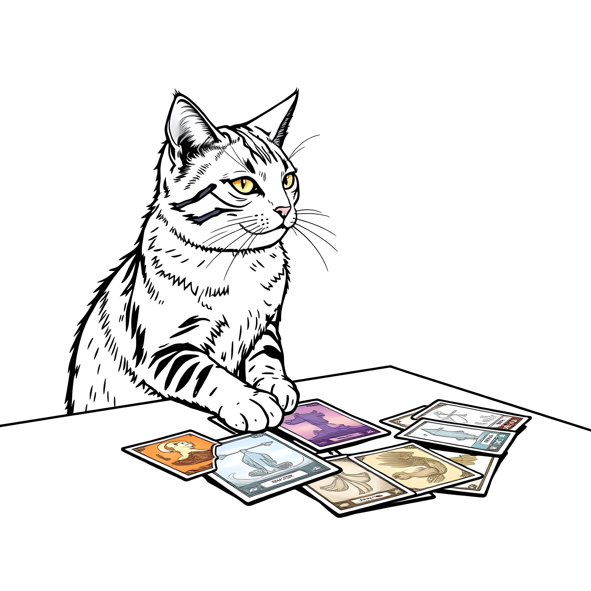 Cat examining playing cards on the table Coloring Page (free black-and-white line drawing printable PDF for all, from beginners to advanced learners, including children, teens, adults, and seniors)