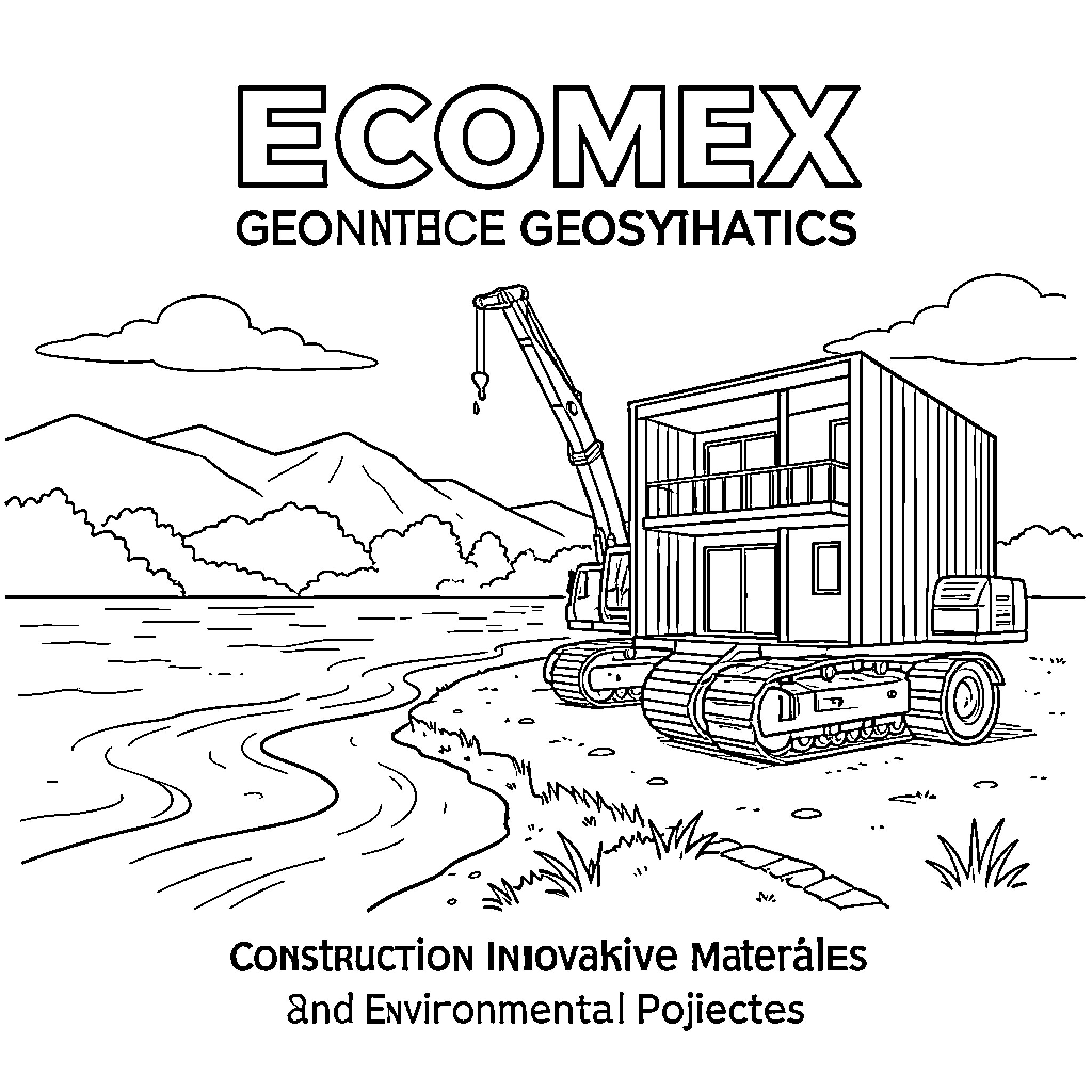 Ecomex heavy machinery operating in a landscape setting Coloring Page (free black-and-white line drawing printable PDF for all, from beginners to advanced learners, including children, teens, adults, and seniors)