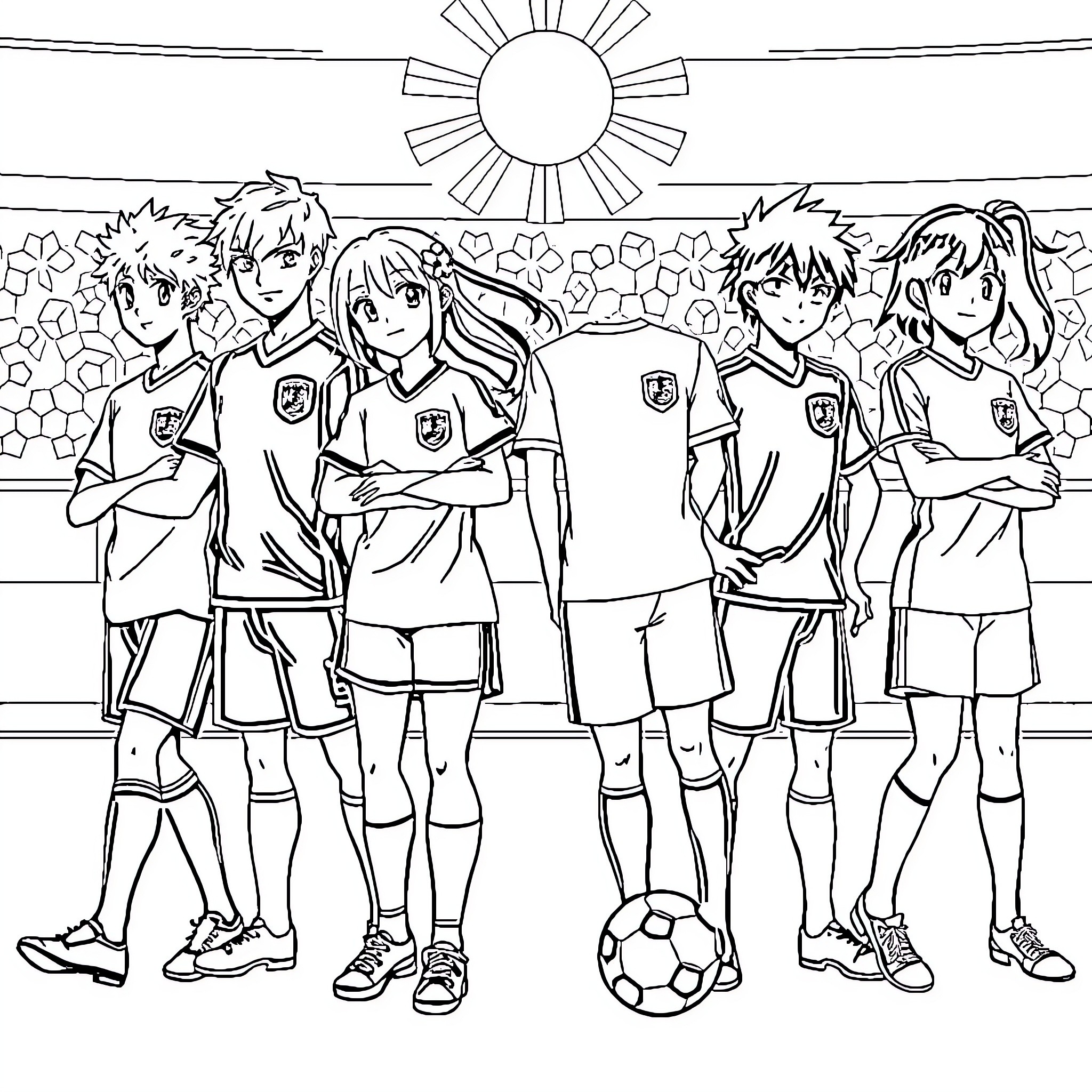 Soccer team posing together on the field Coloring Page (free black-and-white line drawing printable PDF for all, from beginners to advanced learners, including children, teens, adults, and seniors)