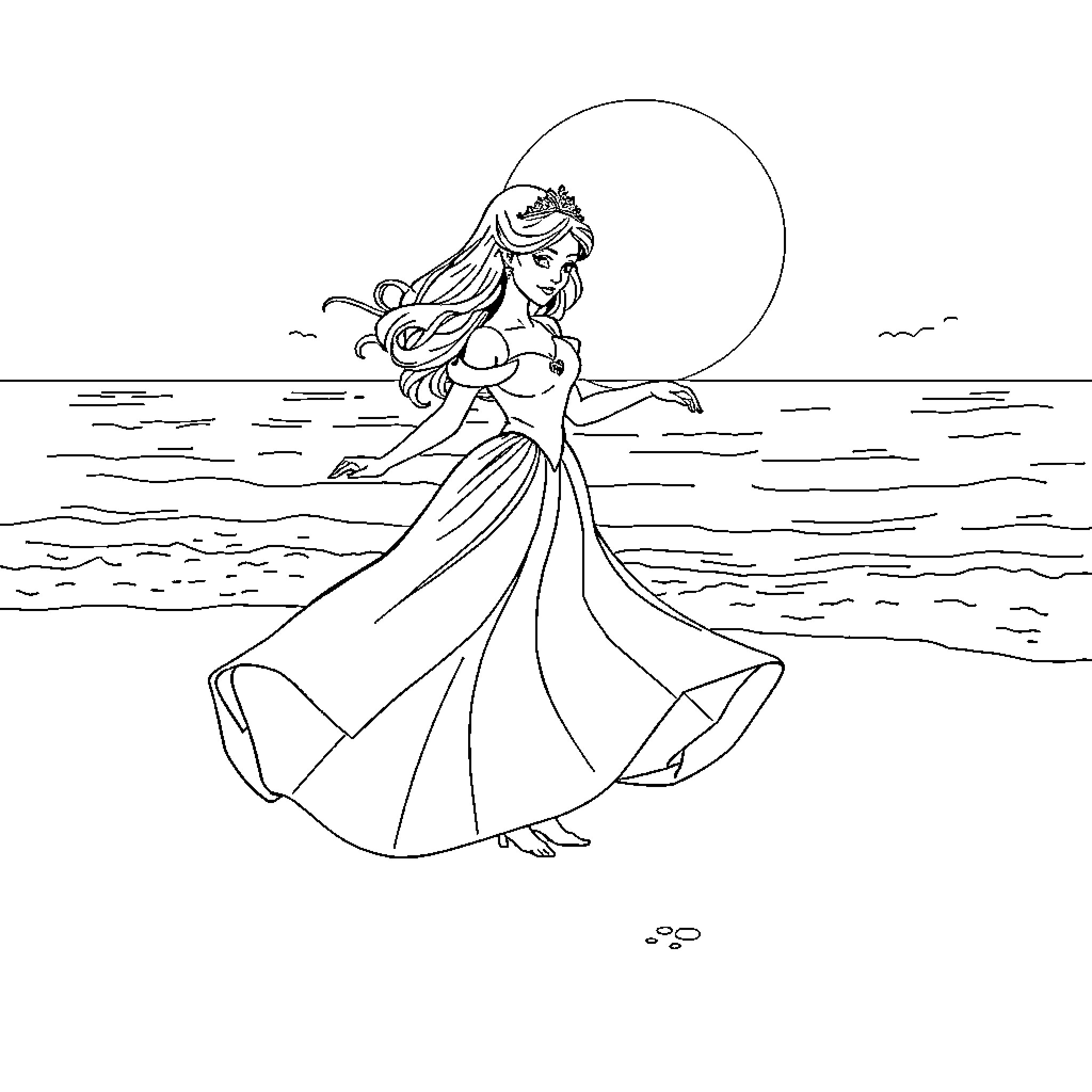 Princess Dancing Gracefully by the Moonlit Sea Coloring Page (free black-and-white line drawing printable PDF for all, from beginners to advanced learners, including children, teens, adults, and seniors)