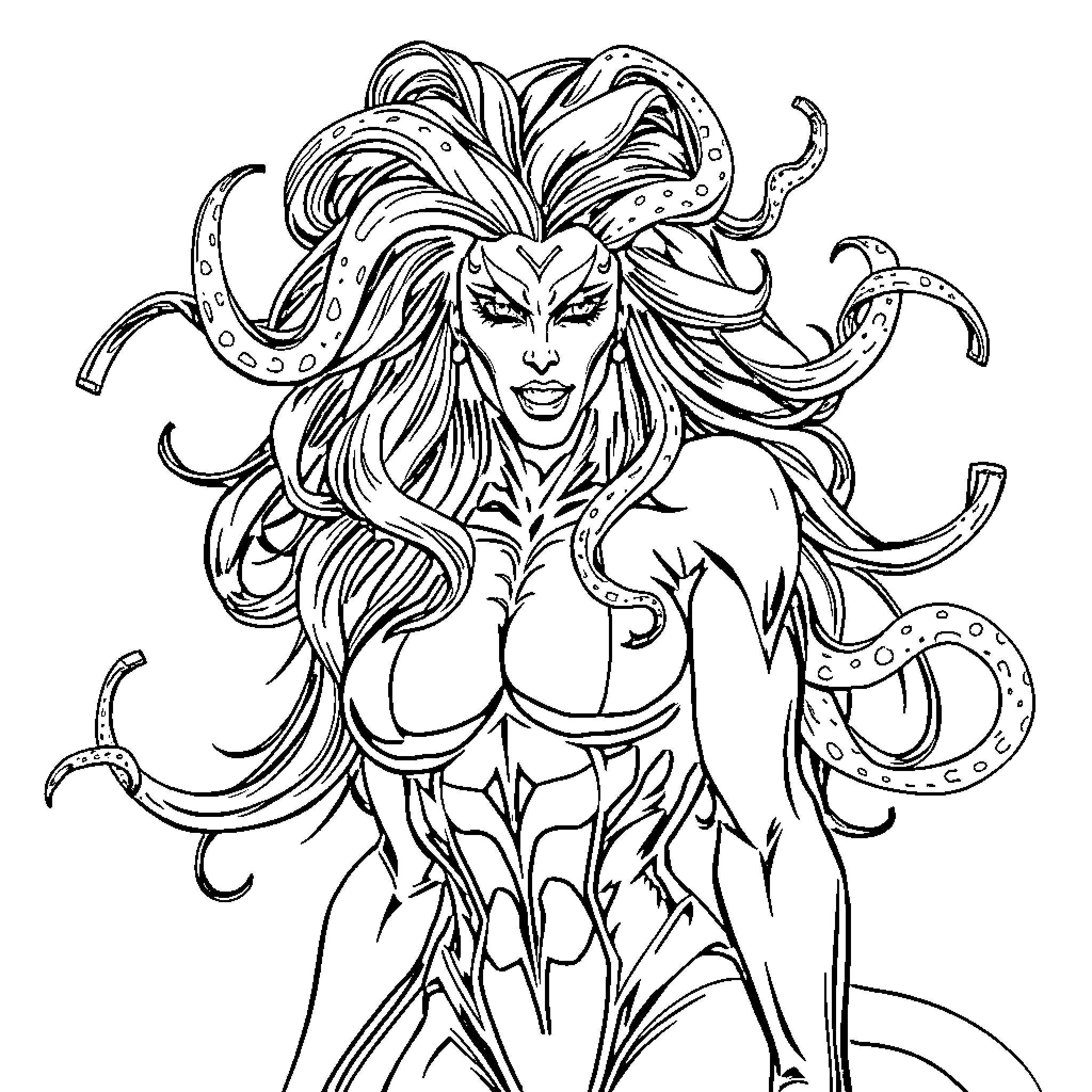Medusa, the mythical gorgon with serpentine hair Coloring Page (free black-and-white line drawing printable PDF for all, from beginners to advanced learners, including children, teens, adults, and seniors)