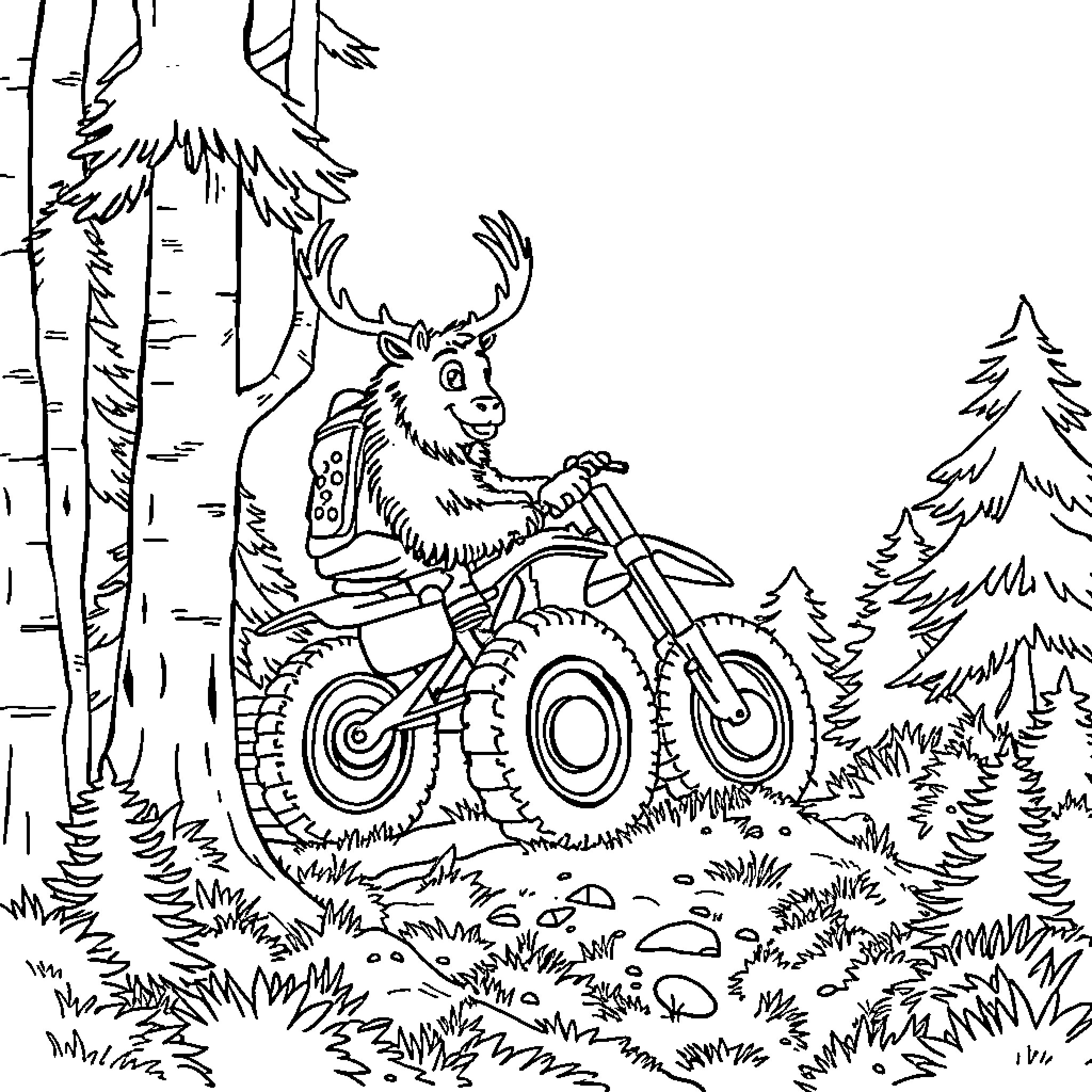 Bear riding a motorcycle through the forest Coloring Page (free black-and-white line drawing printable PDF for all, from beginners to advanced learners, including children, teens, adults, and seniors)