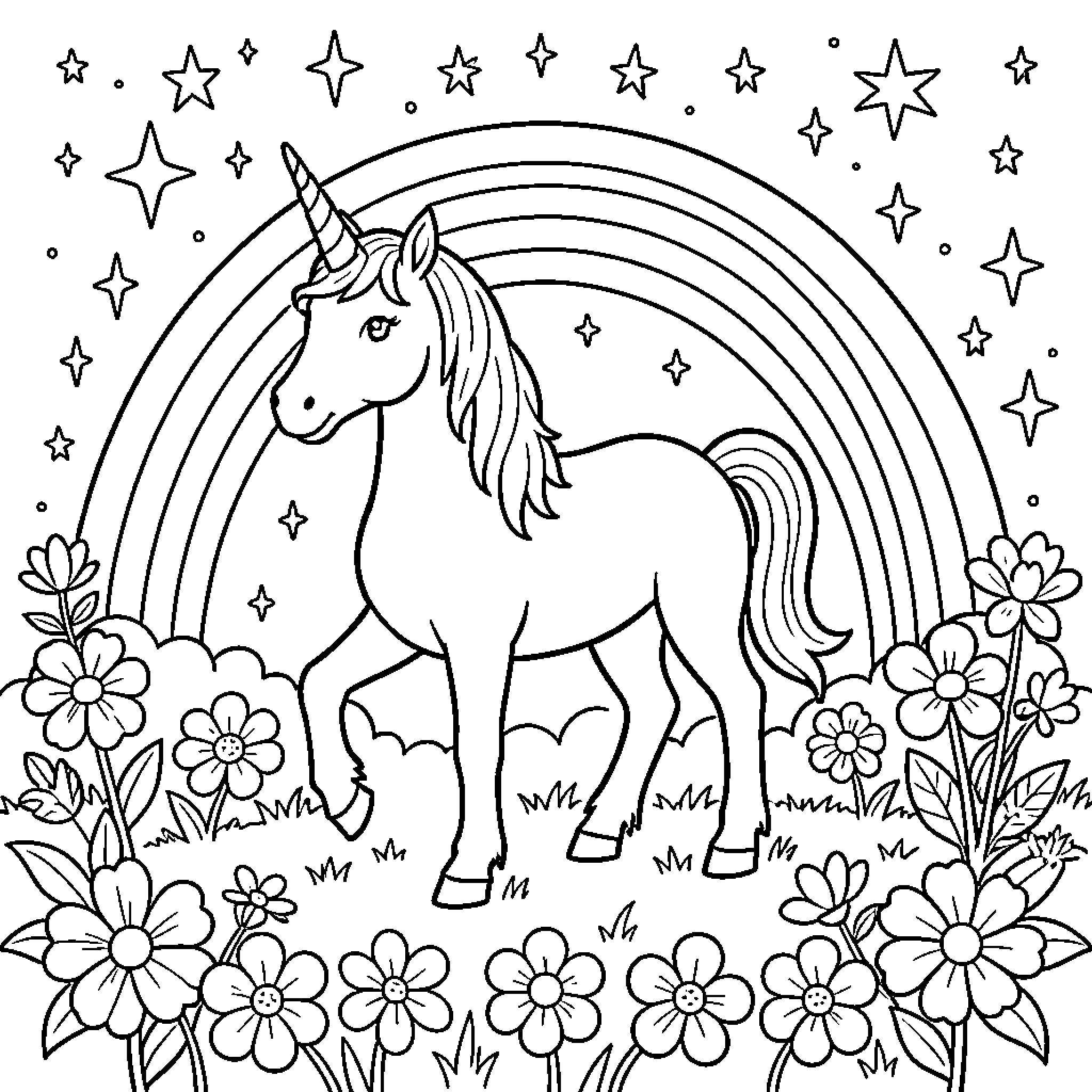 Unicorn standing amidst flowers under a rainbow Coloring Page (free black-and-white line drawing printable PDF for all, from beginners to advanced learners, including children, teens, adults, and seniors)