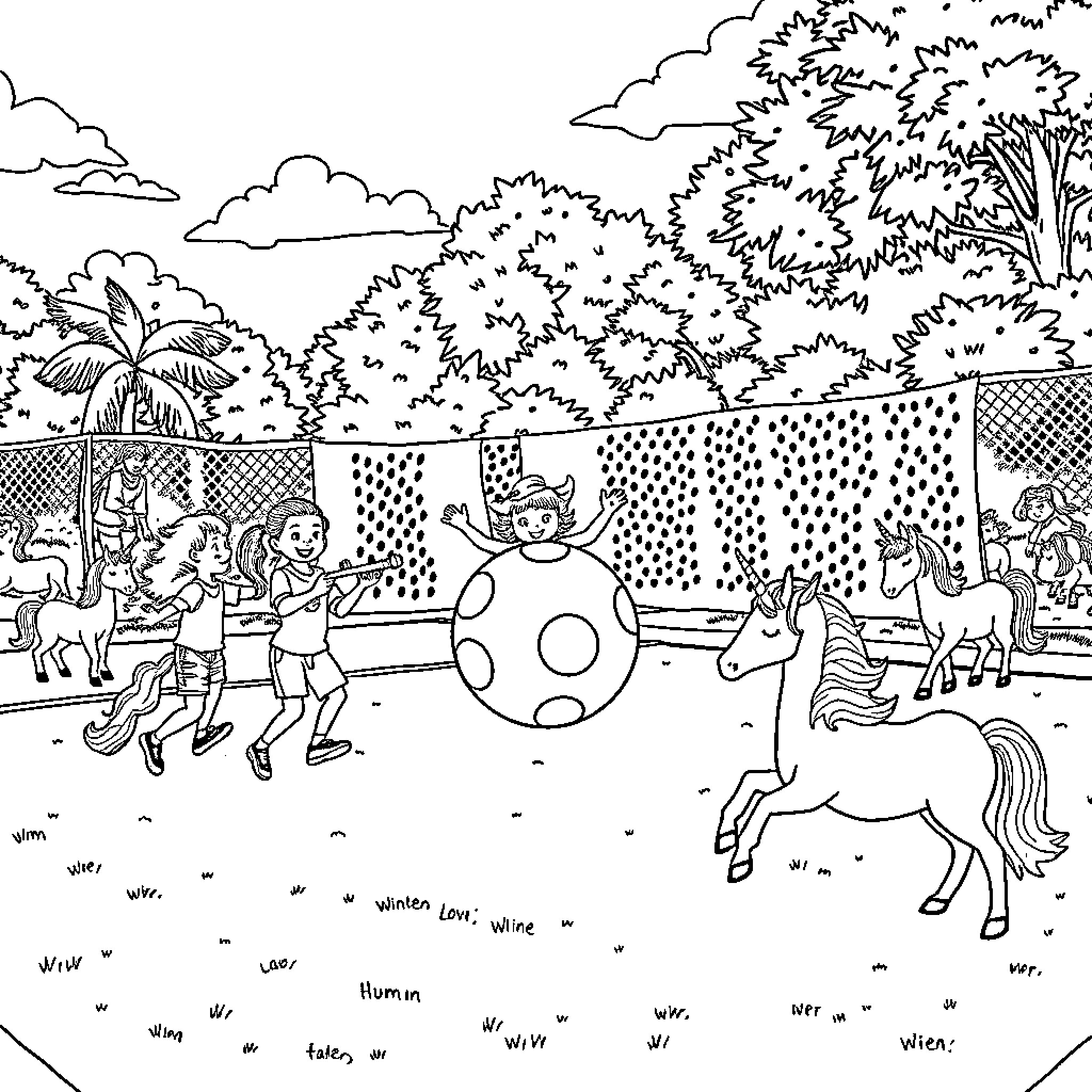Unicorn Frolicking with Children in Whimsical Outdoor Scene Coloring Page (free black-and-white line drawing printable PDF for all, from beginners to advanced learners, including children, teens, adults, and seniors)