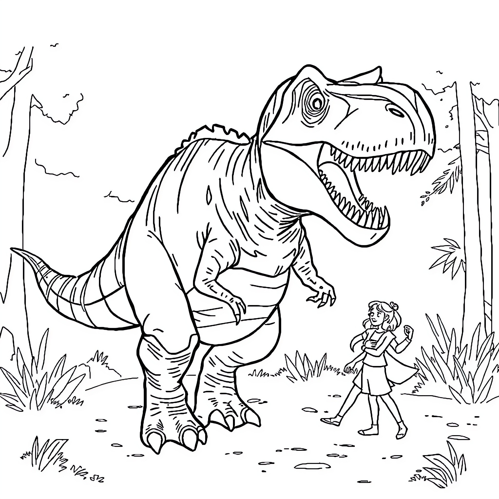 Dinosaur roaring in the prehistoric forest Coloring Page (free black-and-white line drawing printable PDF for all, from beginners to advanced learners, including children, teens, adults, and seniors)