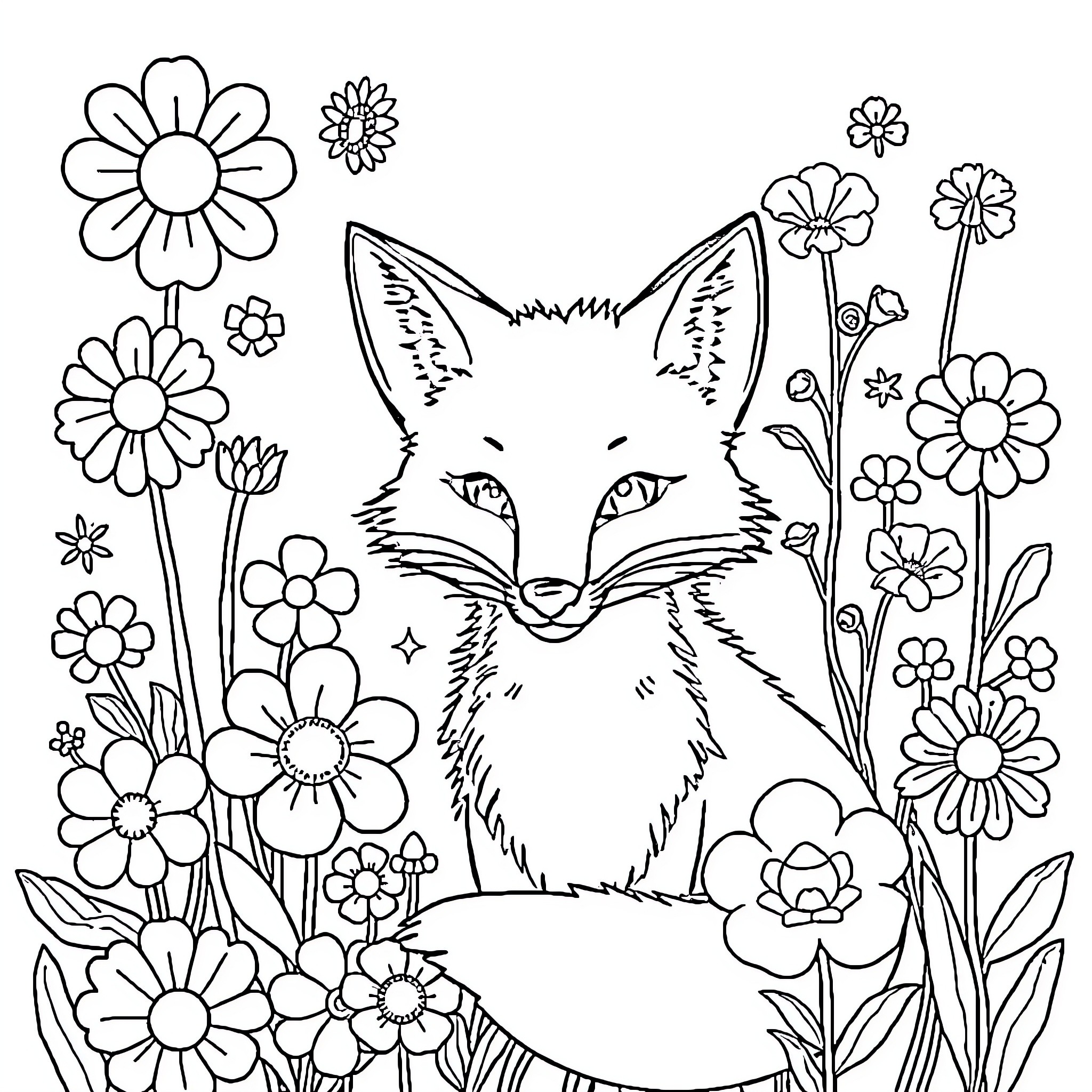 Fox surrounded by colorful flowers Coloring Page (free black-and-white line drawing printable PDF for all, from beginners to advanced learners, including children, teens, adults, and seniors)