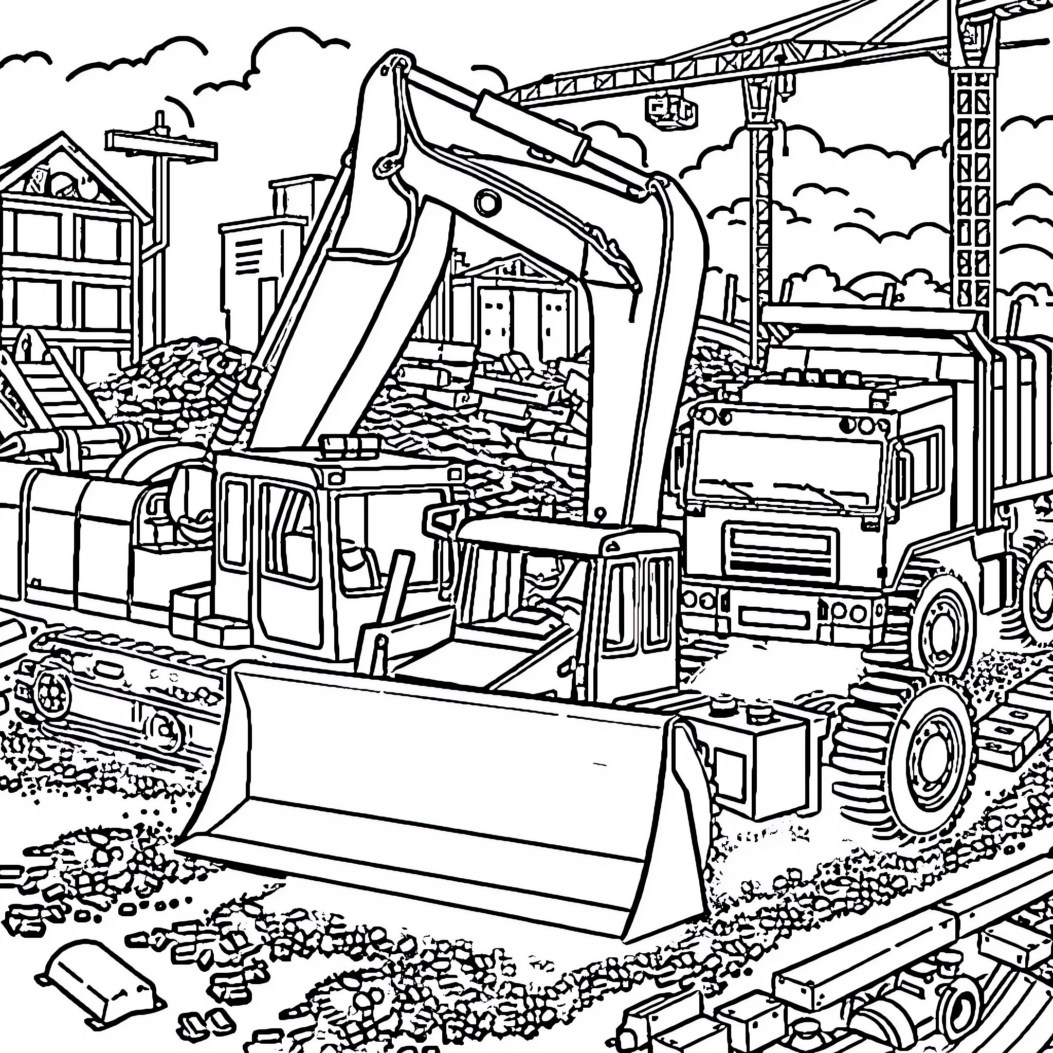 Construction Equipment Engaged in Demolition and Reconstruction Coloring Page (free black-and-white line drawing printable PDF for all, from beginners to advanced learners, including children, teens, adults, and seniors)