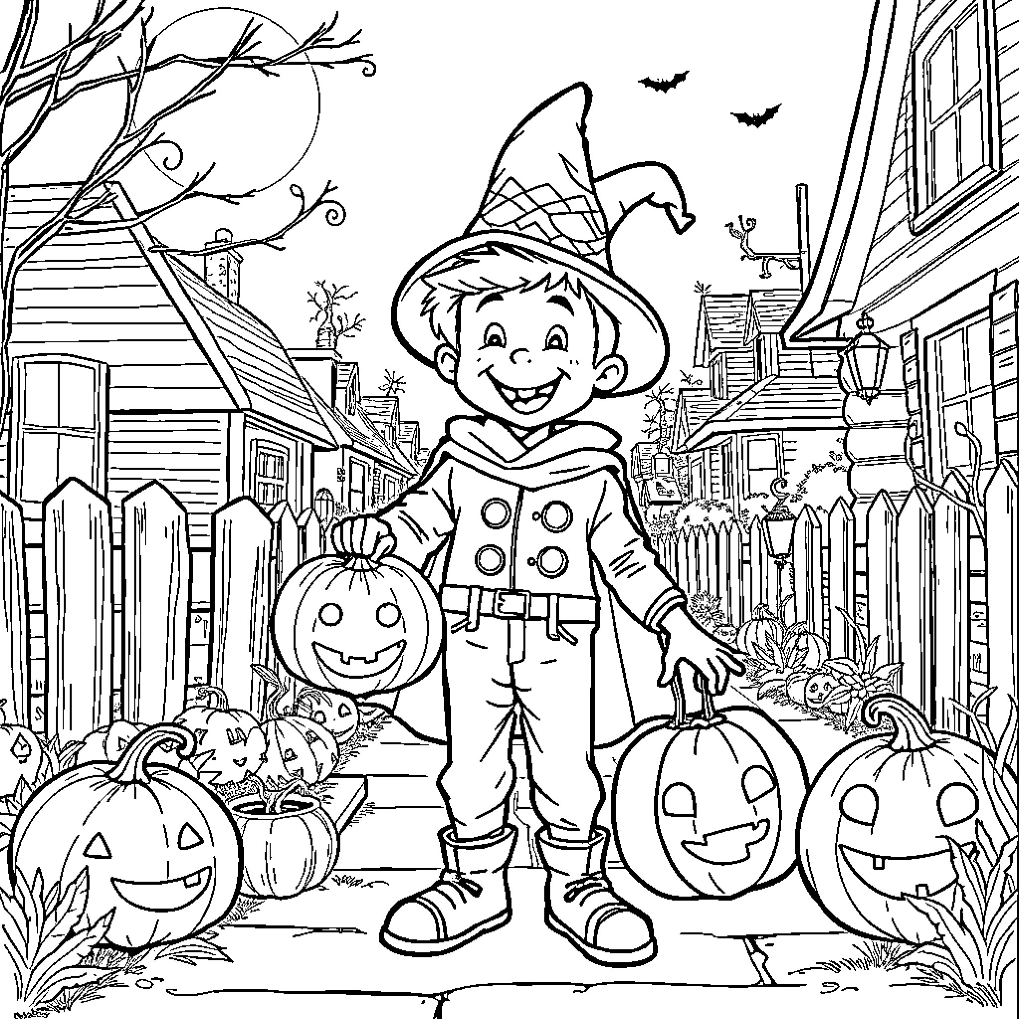 Patrick Mahoney's Halloween Adventure Coloring Page (free black-and-white line drawing printable PDF for all, from beginners to advanced learners, including children, teens, adults, and seniors)