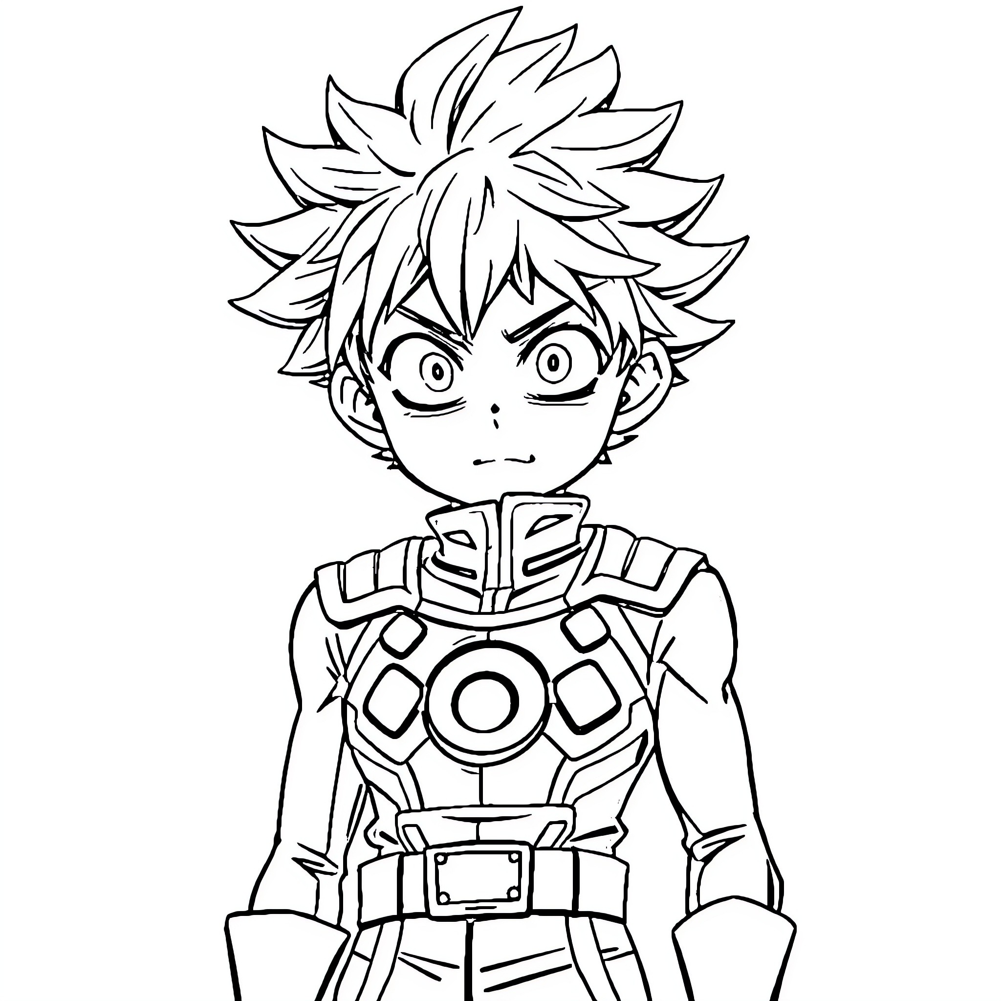 Midoriya in heroic action pose Coloring Page (free black-and-white line drawing printable PDF for all, from beginners to advanced learners, including children, teens, adults, and seniors)