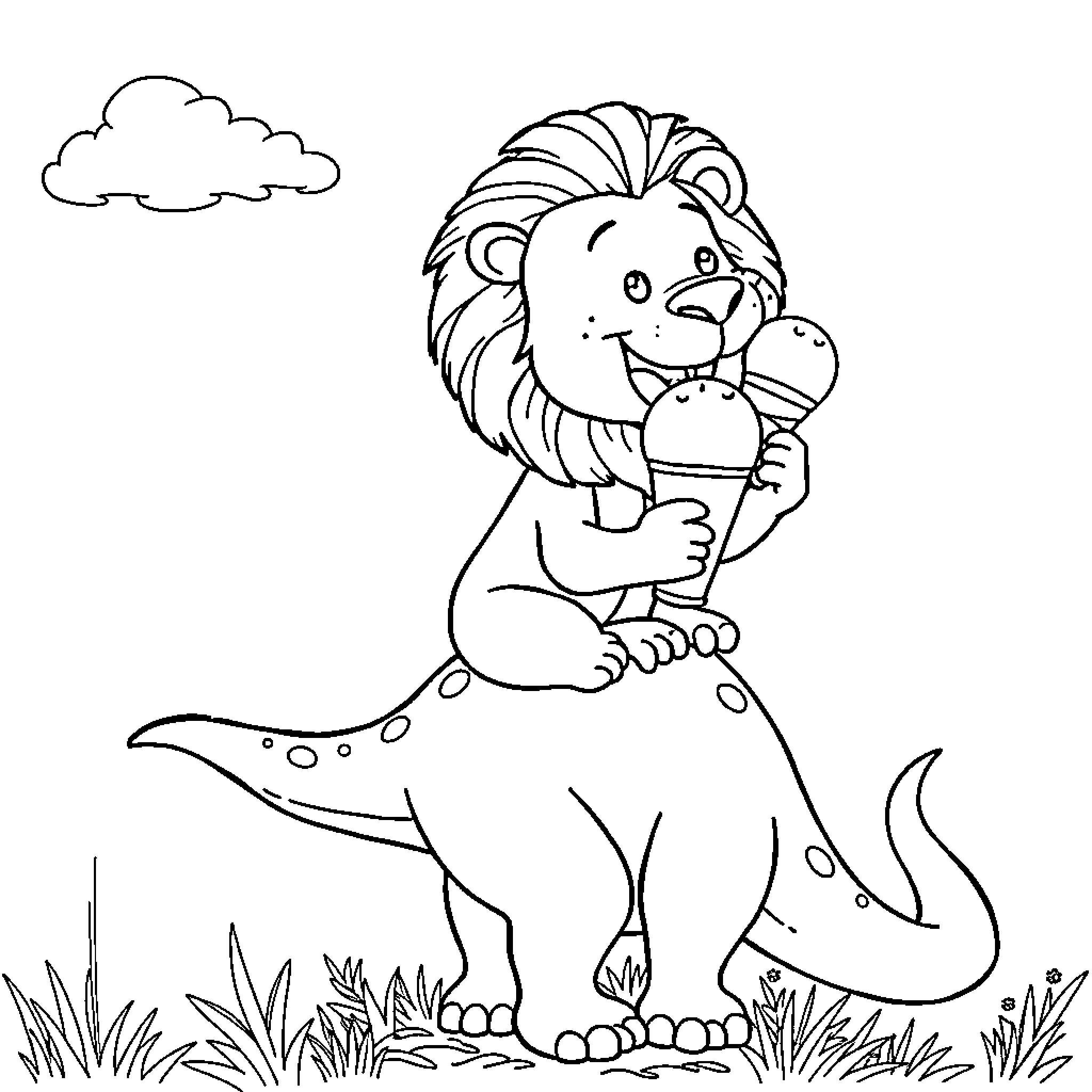 Lion enjoying an ice cream cone in the wild Coloring Page (free black-and-white line drawing printable PDF for all, from beginners to advanced learners, including children, teens, adults, and seniors)