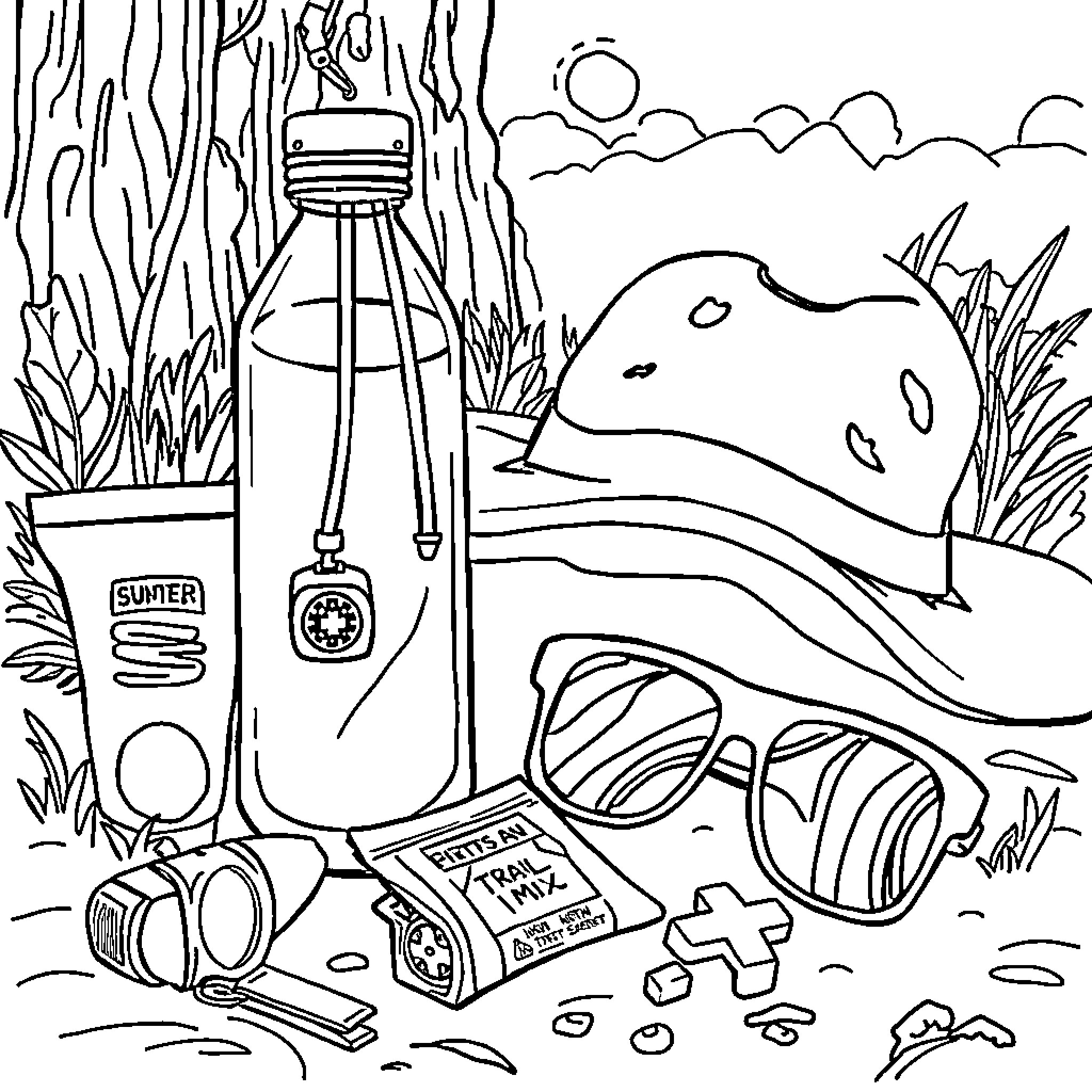Water Bottle and Outdoor Camping Gear Coloring Page (free black-and-white line drawing printable PDF for all, from beginners to advanced learners, including children, teens, adults, and seniors)