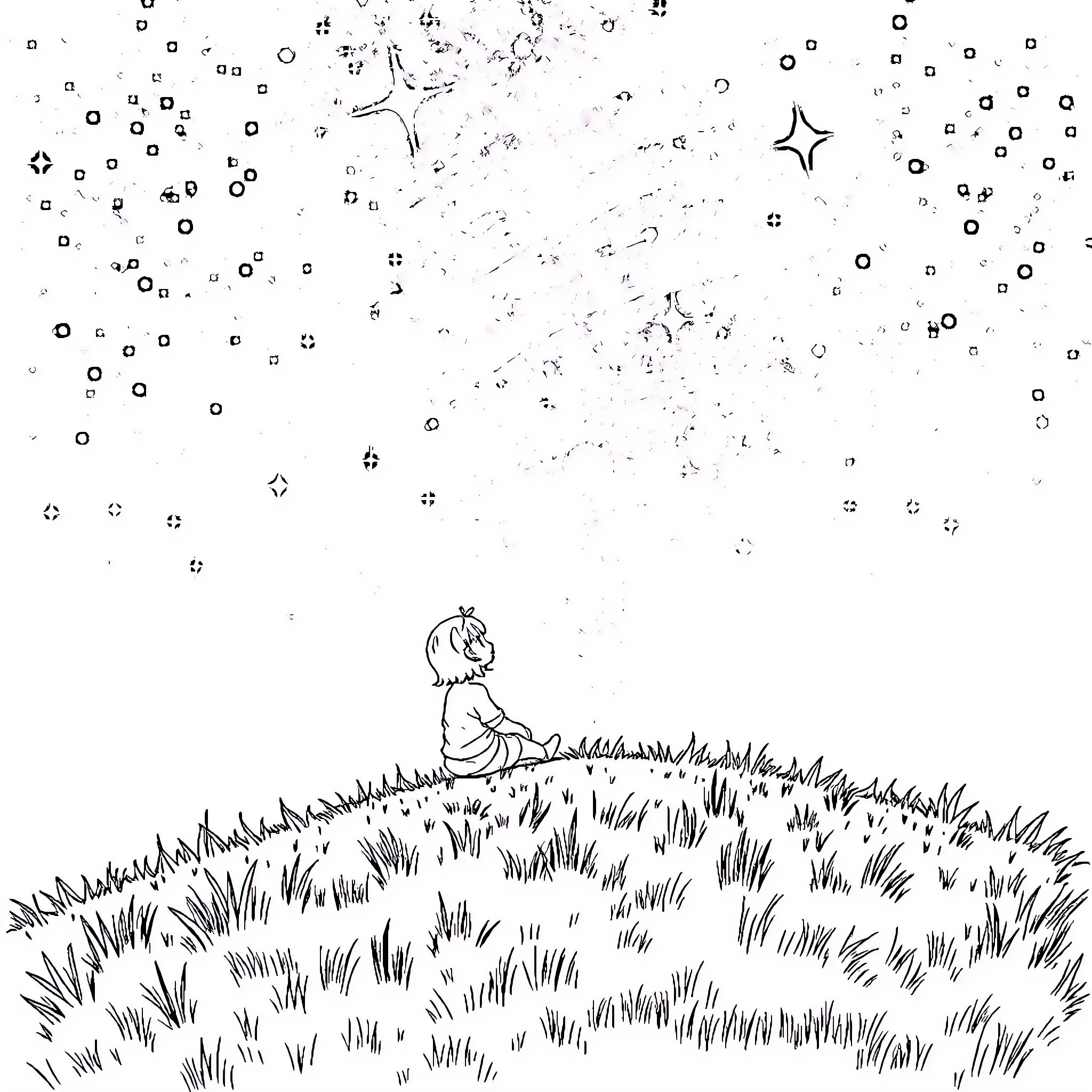 Anime Girl Sitting Alone in Starry Field Coloring Page (free black-and-white line drawing printable PDF for all, from beginners to advanced learners, including children, teens, adults, and seniors)