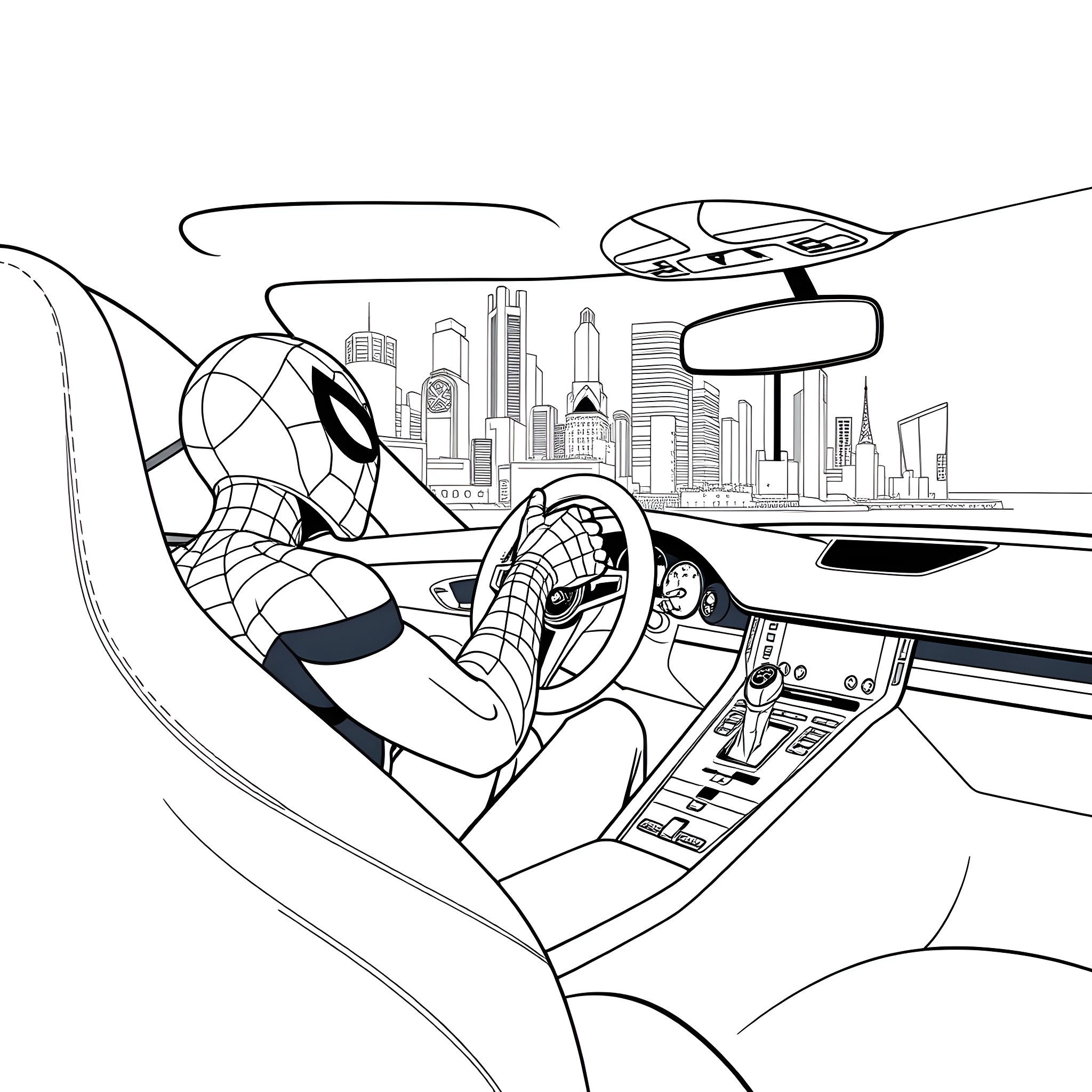 Spiderman driving a high-tech car in the city Coloring Page (free black-and-white line drawing printable PDF for all, from beginners to advanced learners, including children, teens, adults, and seniors)