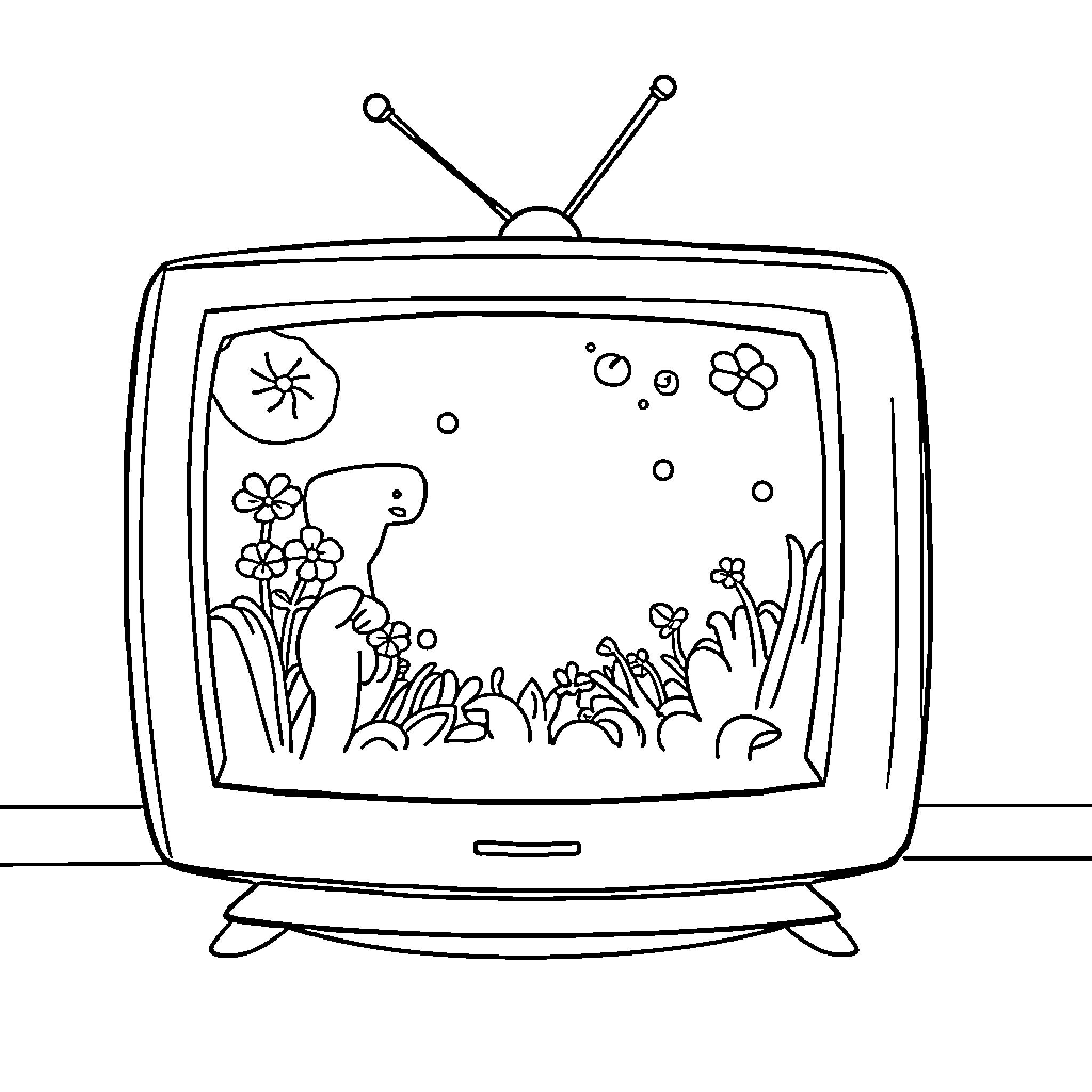 Cartoon TV displaying nature scene Coloring Page (free black-and-white line drawing printable PDF for all, from beginners to advanced learners, including children, teens, adults, and seniors)