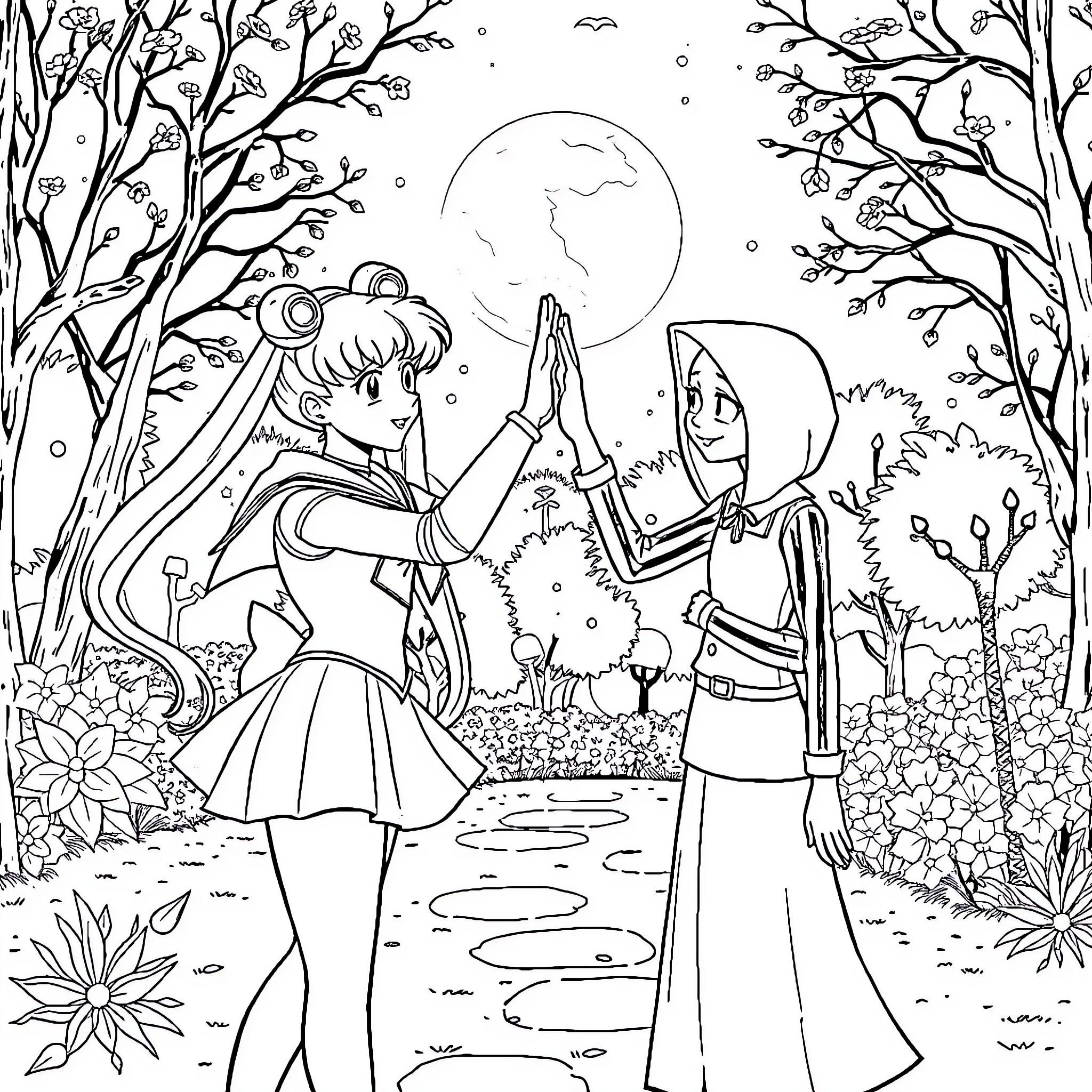 Sailor Moon and Luna in the Enchanted Forest Coloring Page (free black-and-white line drawing printable PDF for all, from beginners to advanced learners, including children, teens, adults, and seniors)