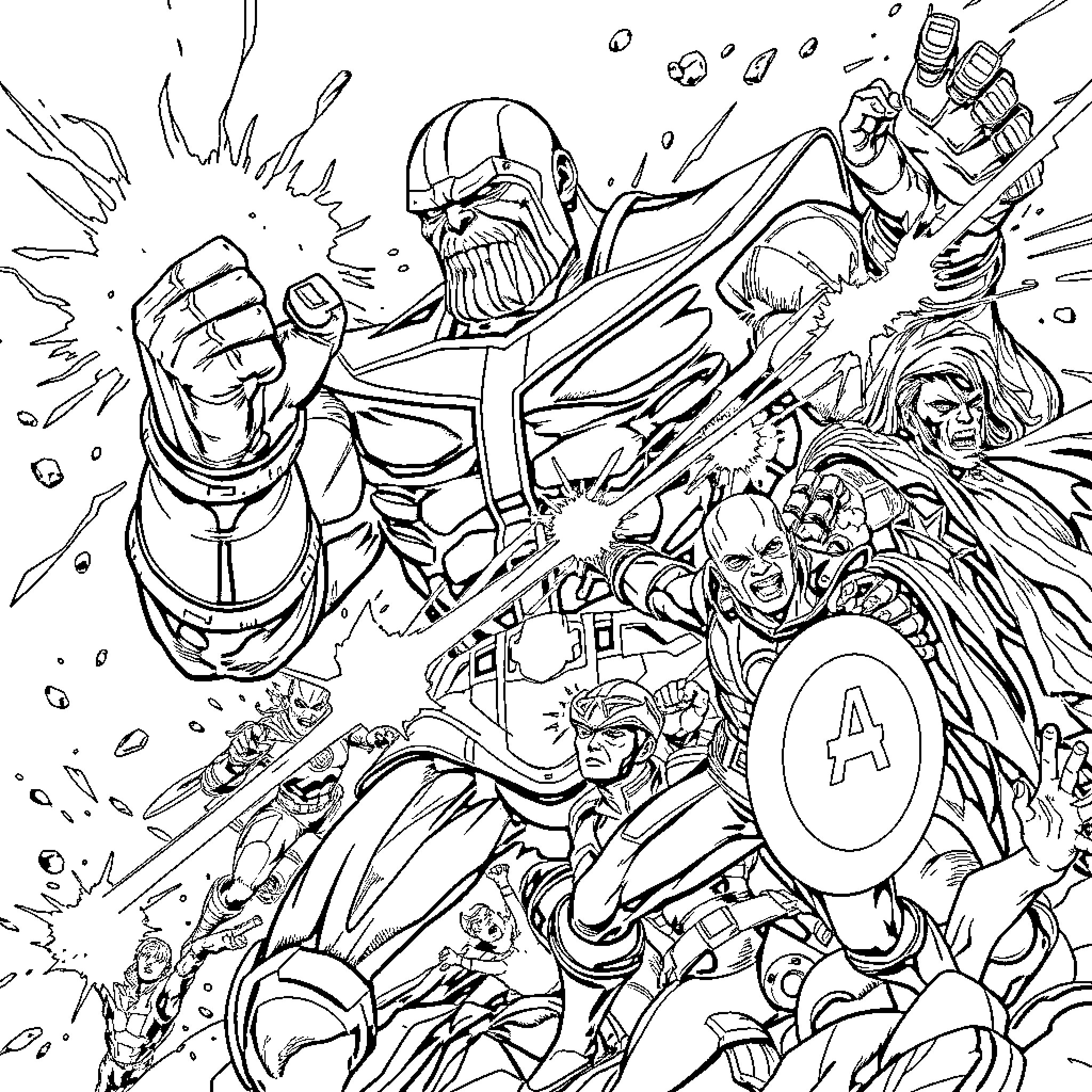 Thanos' epic battle against the Avengers Coloring Page (free black-and-white line drawing printable PDF for all, from beginners to advanced learners, including children, teens, adults, and seniors)
